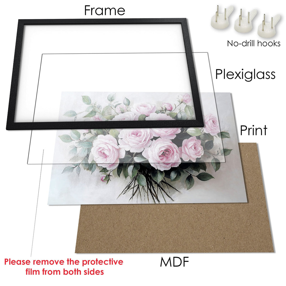 Framed Poster featuring a beautiful floral bouquet in a soft, watercolor style with a pink and green color palette. Perfect wall art!