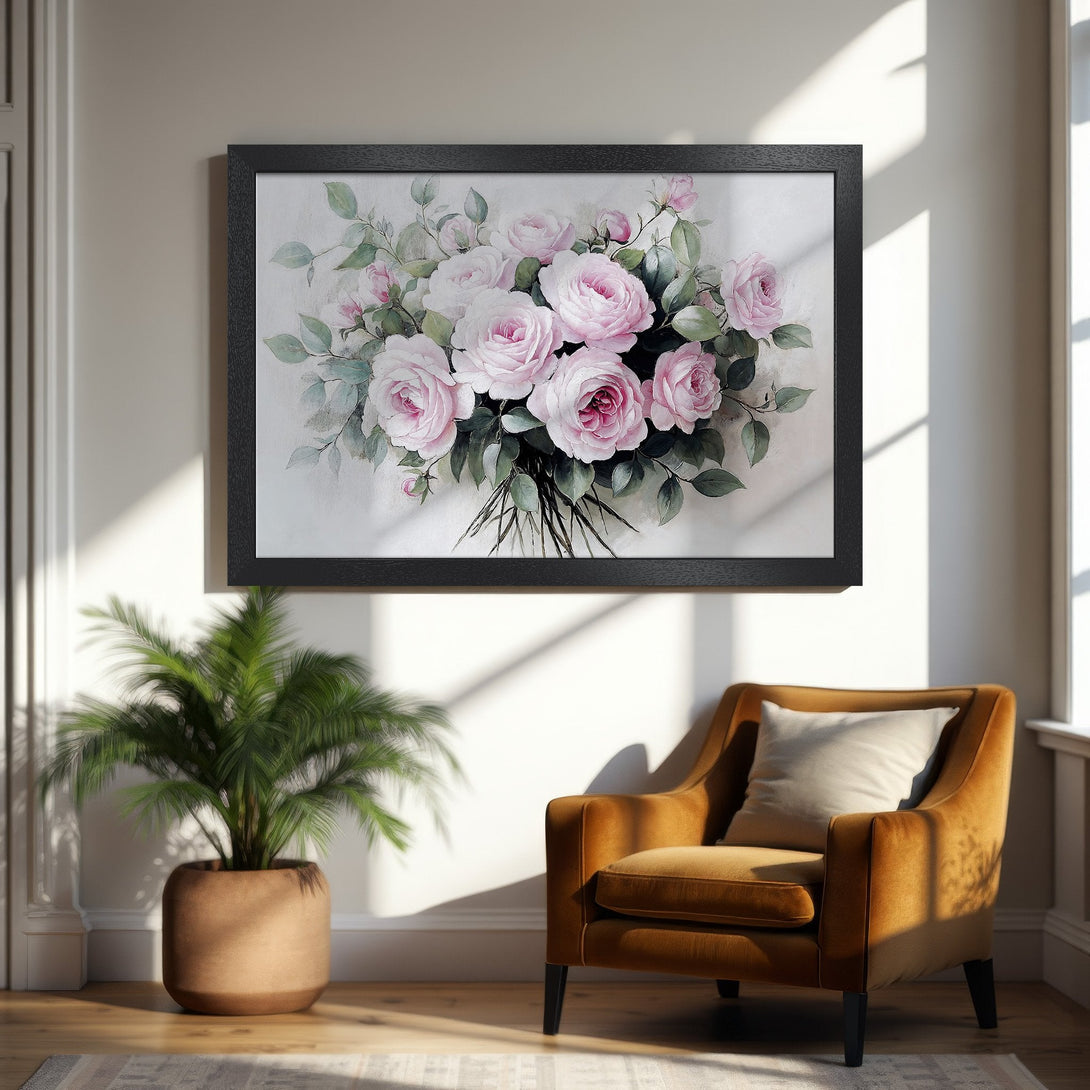 Framed Poster featuring a watercolor style bouquet of pink roses. Soft, elegant floral art in a neutral color palette.