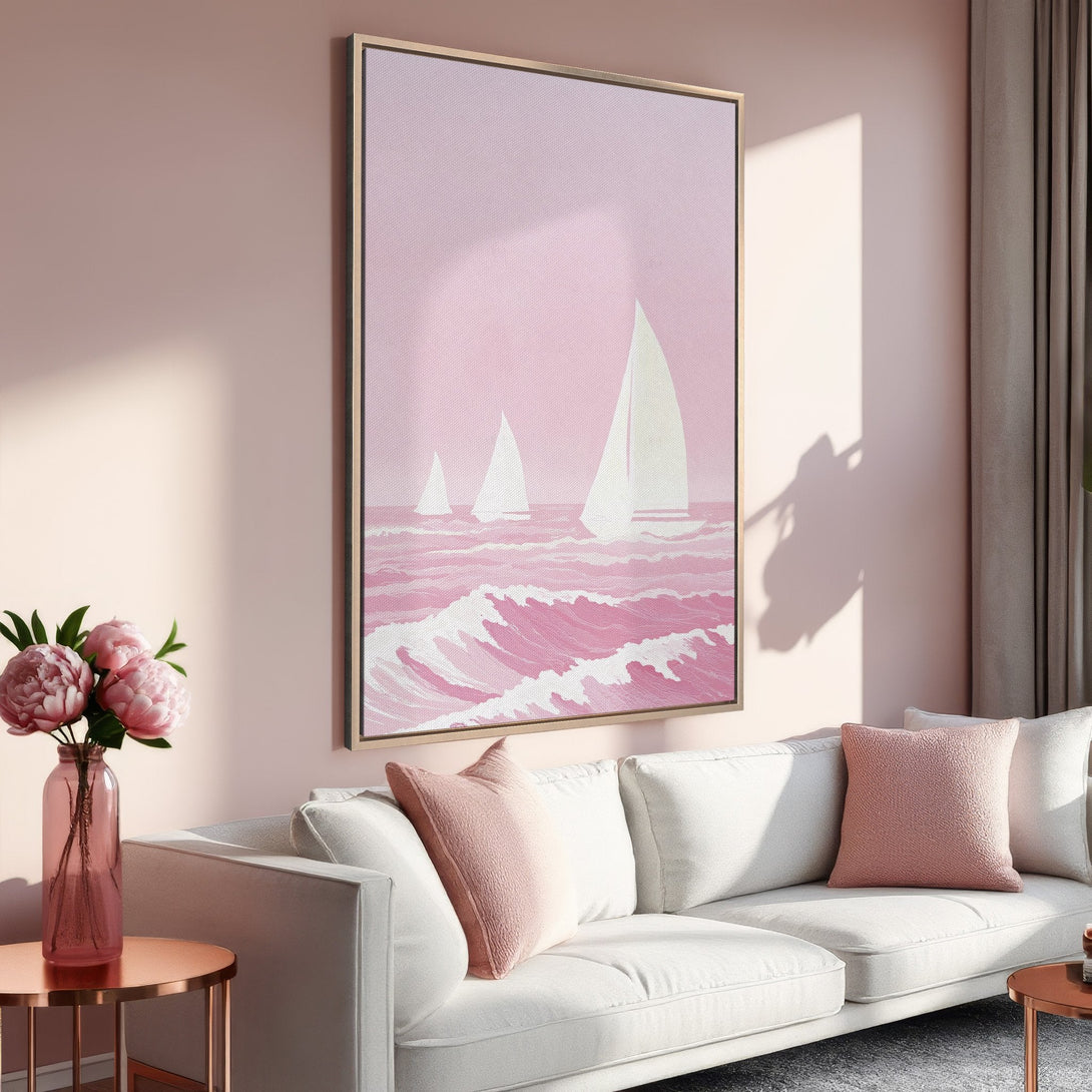 Framed Wall Art: Pink sailboat canvas print in a modern living room. Featuring a minimalist style and a soft pink color palette, perfect for home decor.