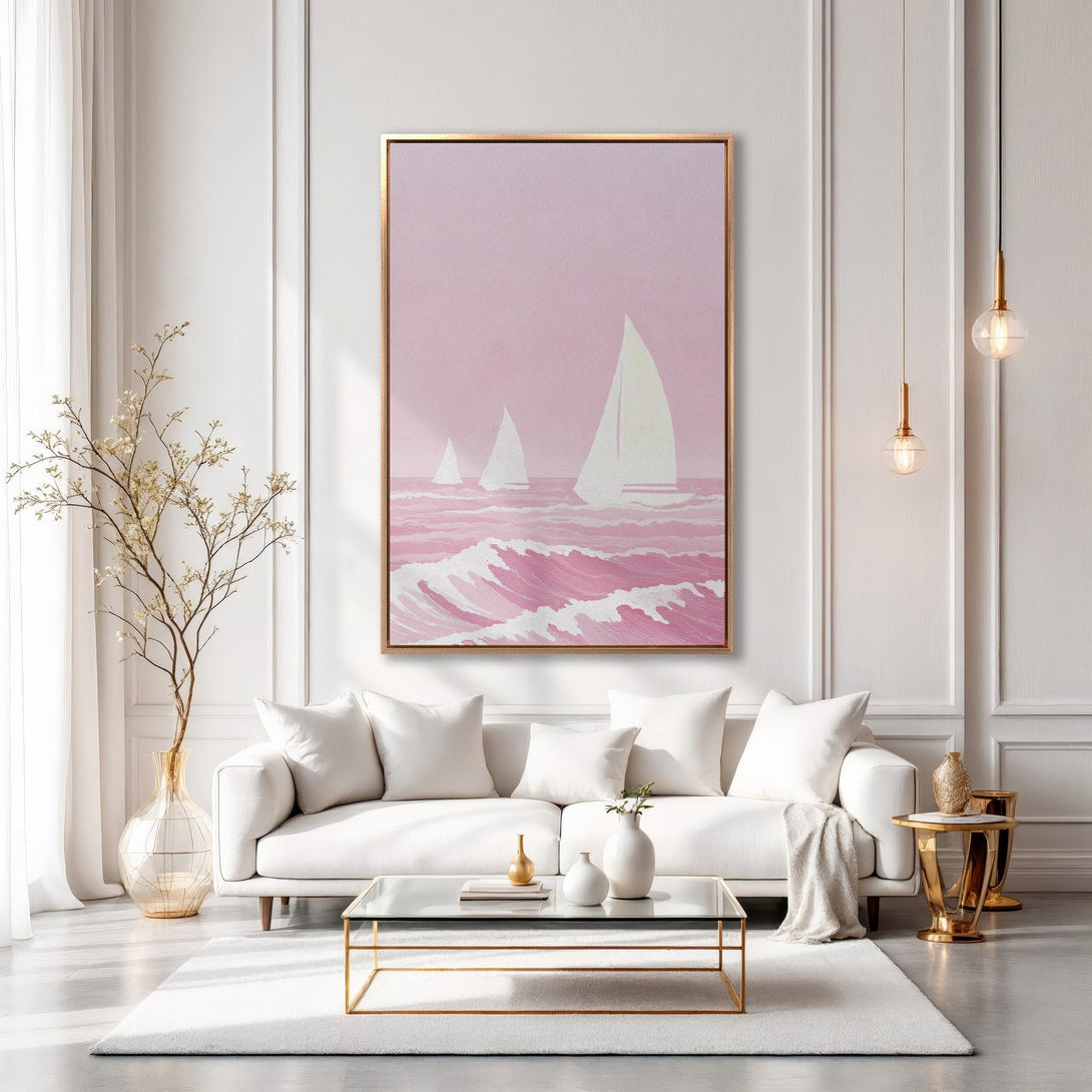 Framed Wall Art: Pink sailboat canvas print in a modern living room. Coastal art with a minimalist style and soft pink color palette. Shop now!