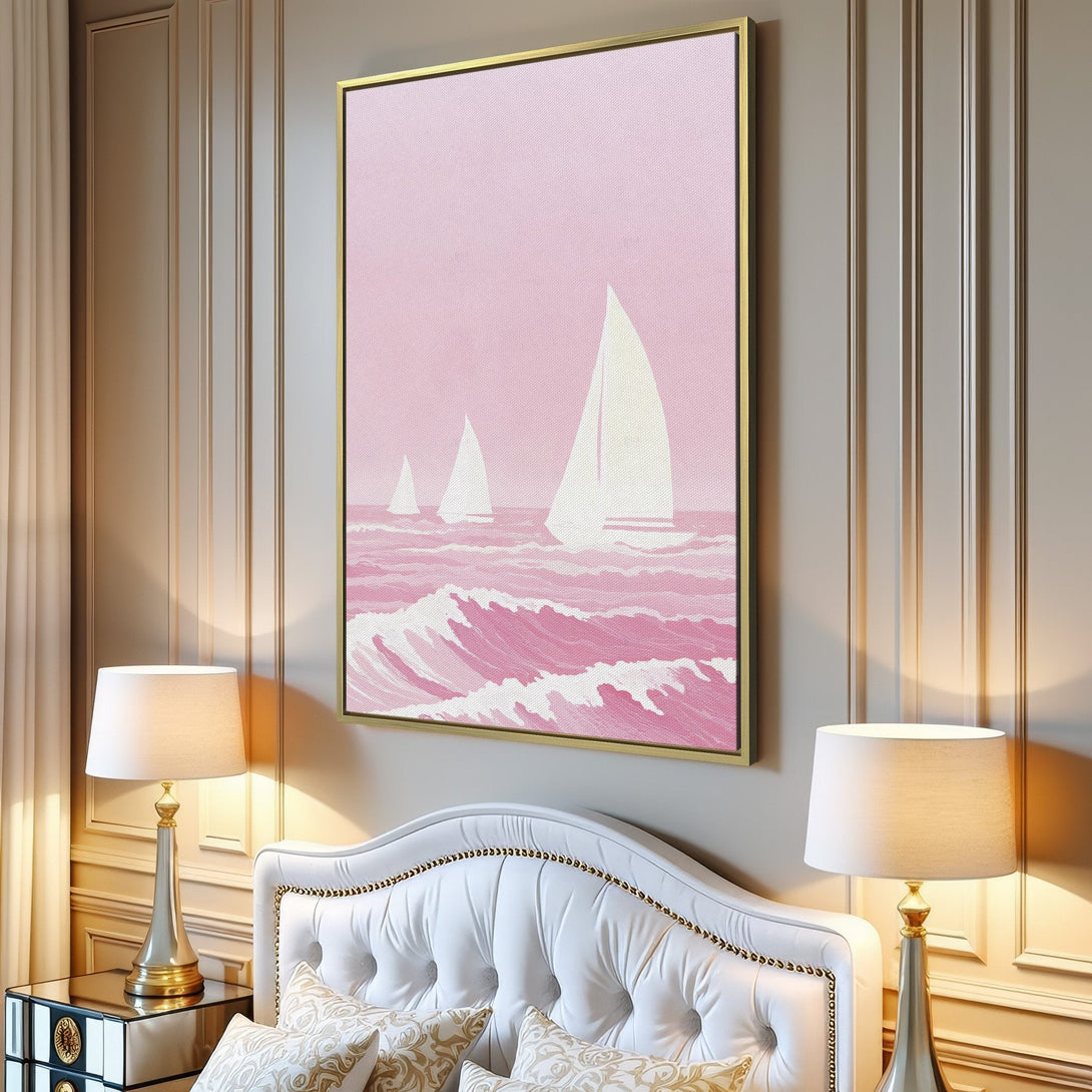 Canvas Print of sailboats in a minimalist style, featuring a calming pink and white color palette. Perfect coastal wall art for a serene living room.