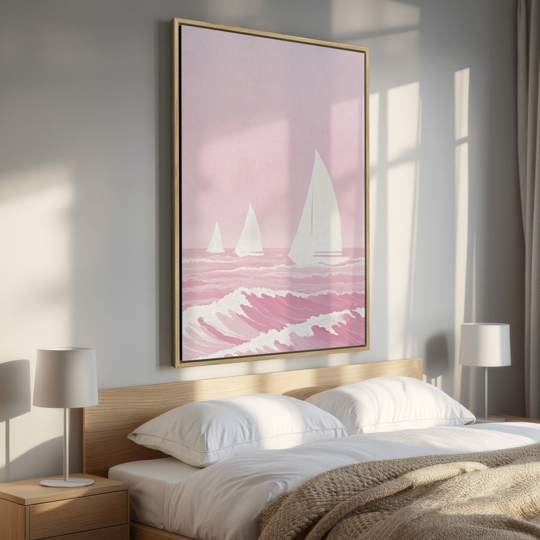 Framed Wall Art: Pink seascape with sailboats. Modern, minimalist style. Soft pink and white color palette. Perfect for bedroom decor.