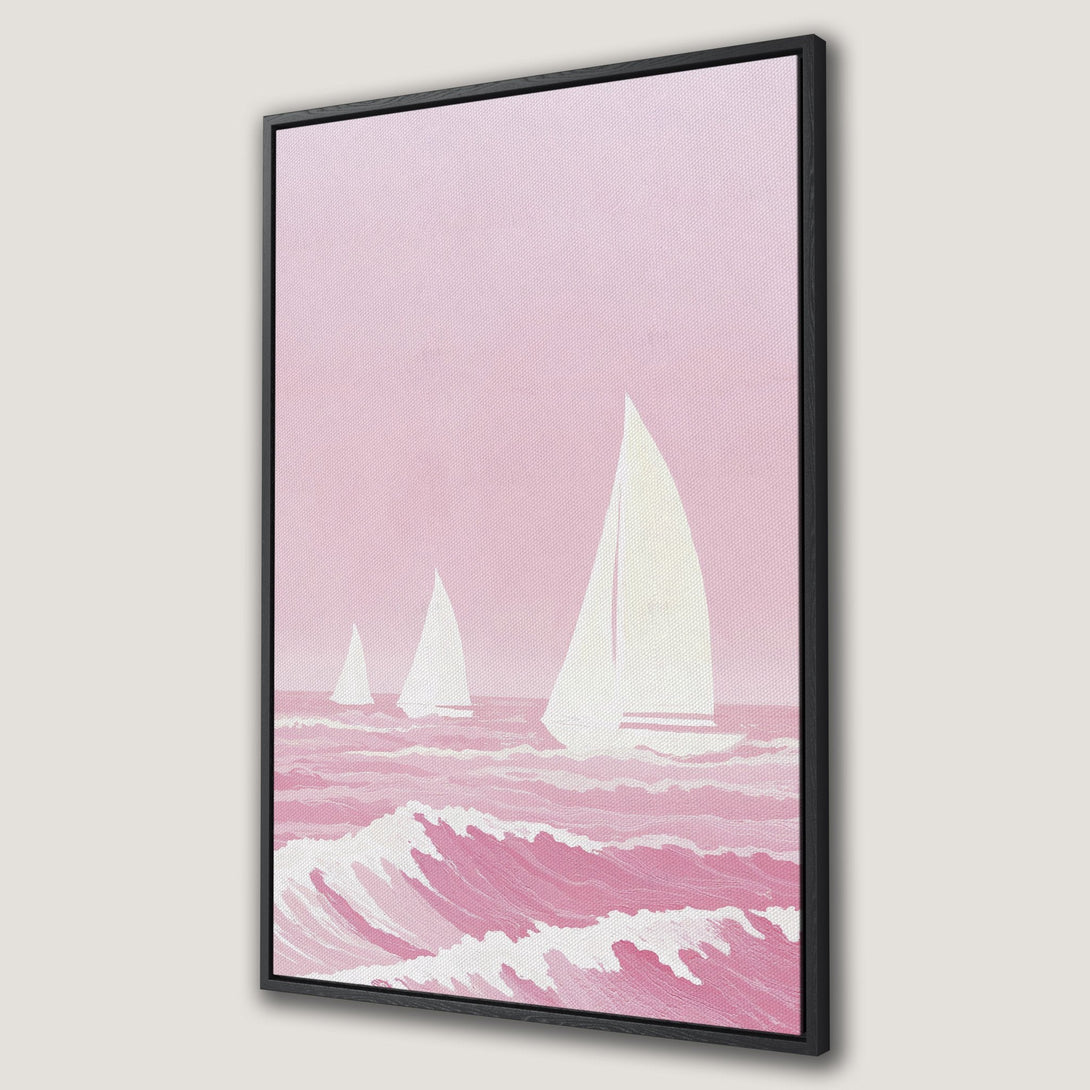 Framed Wall Art: Minimalist sailboat art in a pink and white color palette. Coastal decor for a serene, stylish home. Canvas Print ready to hang!