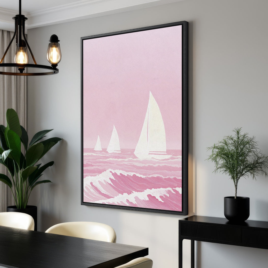Framed Wall Art: Pink sailboat art print. Coastal style canvas print with a pink and white color palette, perfect for any room.