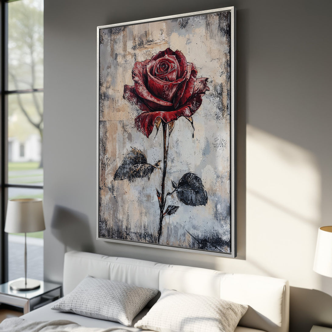 Framed Wall Art featuring a vibrant red rose painting. Modern, abstract style with a neutral and red color palette. Perfect for bedroom decor.
