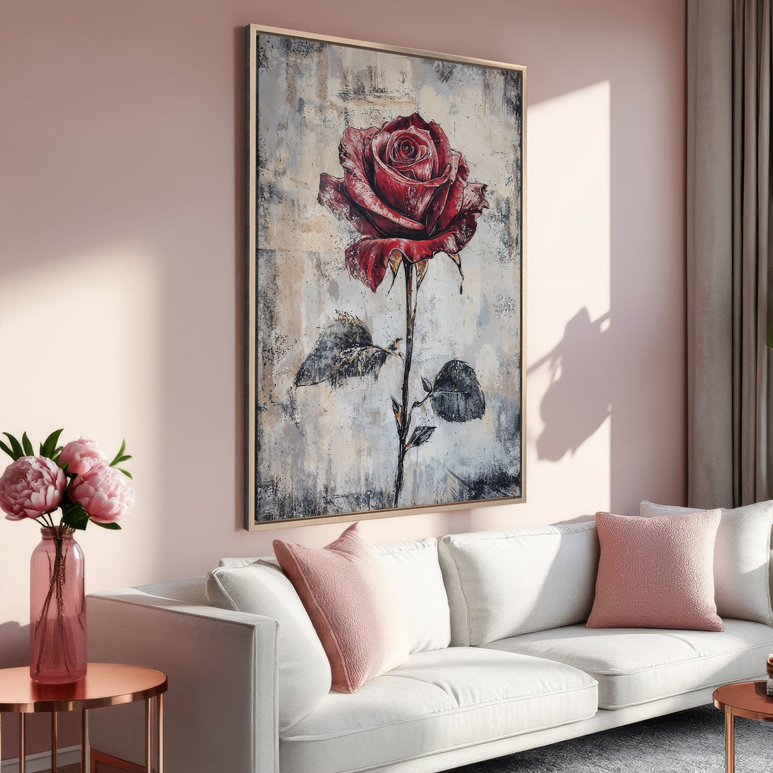 Framed Wall Art: Abstract red rose painting in a modern interior. Features a neutral and blush color palette, perfect for adding elegance to any space.