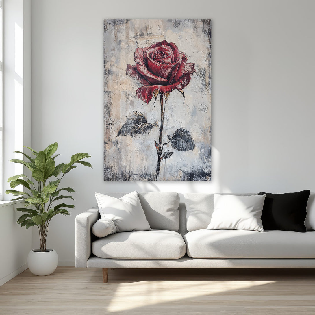 Framed Wall Art: Stunning red rose painting in a luxurious bedroom. Abstract style with a neutral and warm color palette. Elevate your space with this elegant art.