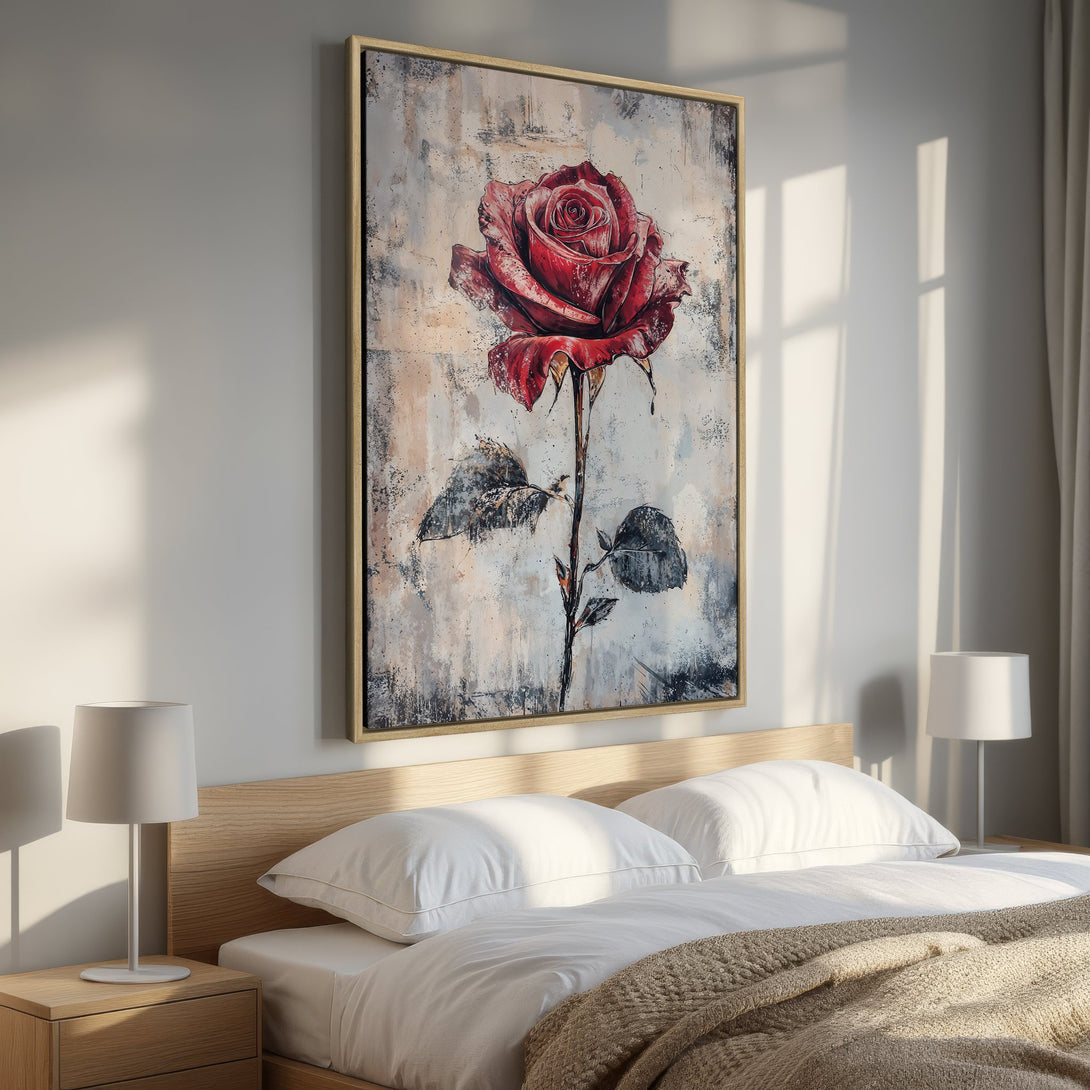 Framed Wall Art: Stunning red rose painting in a bedroom. Modern abstract style with a neutral, warm color palette. Perfect for adding elegance to your decor.