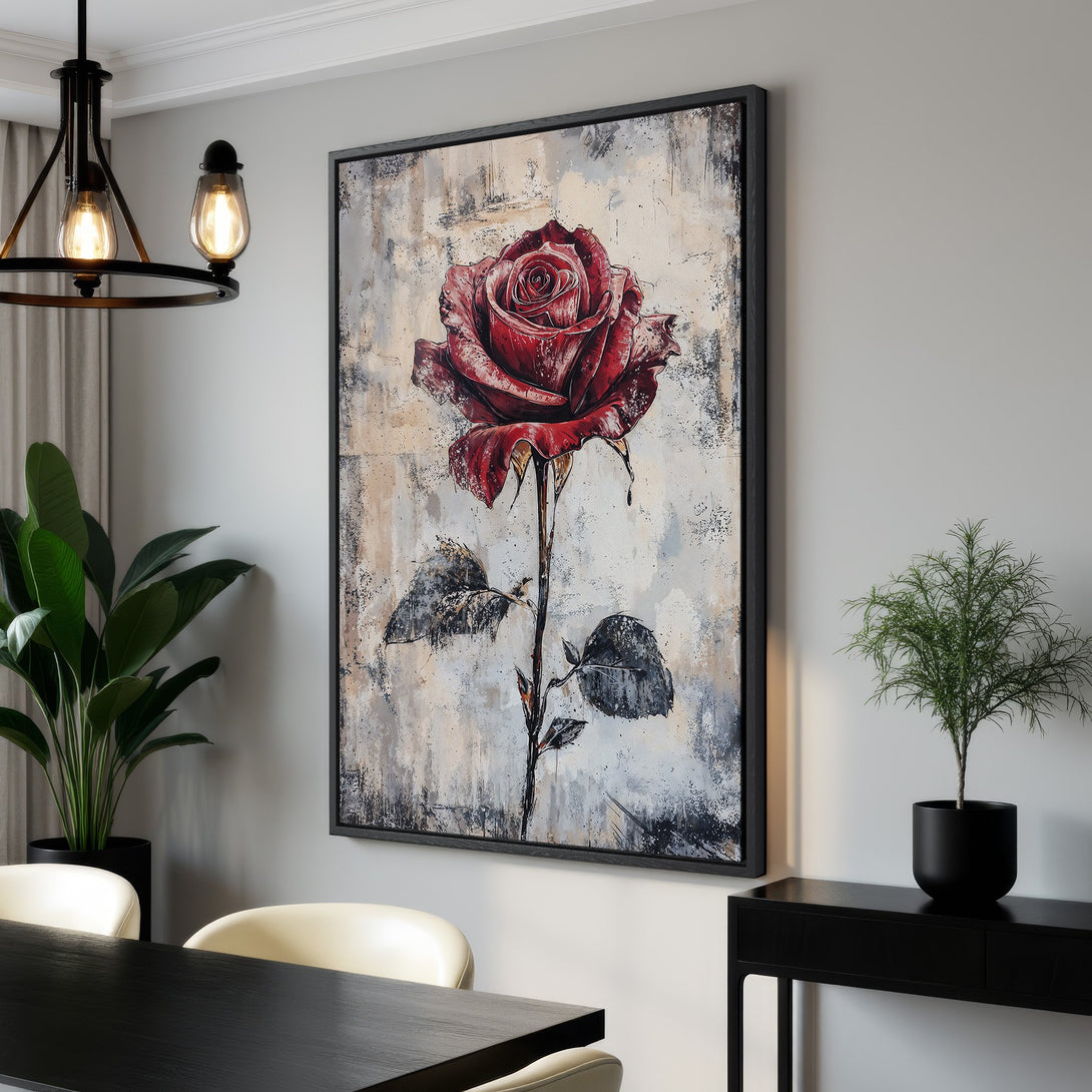 Framed Wall Art: Dramatic red rose canvas print in a modern interior. Abstract style, neutral and red color palette. Elevate your home decor!