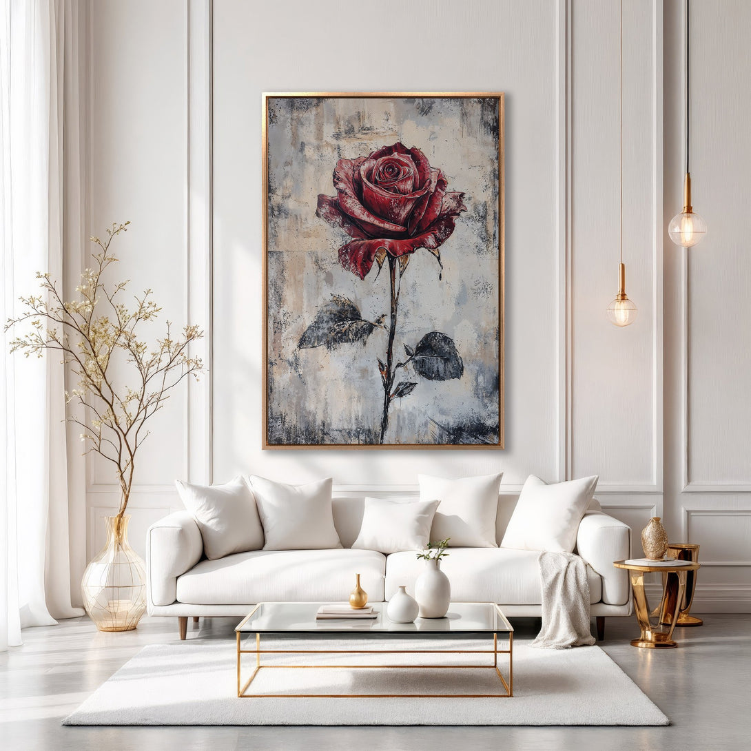 Framed Wall Art: Stunning red rose painting in a modern interior. Features a bold, abstract style with a warm, neutral color palette. Elevate your space!
