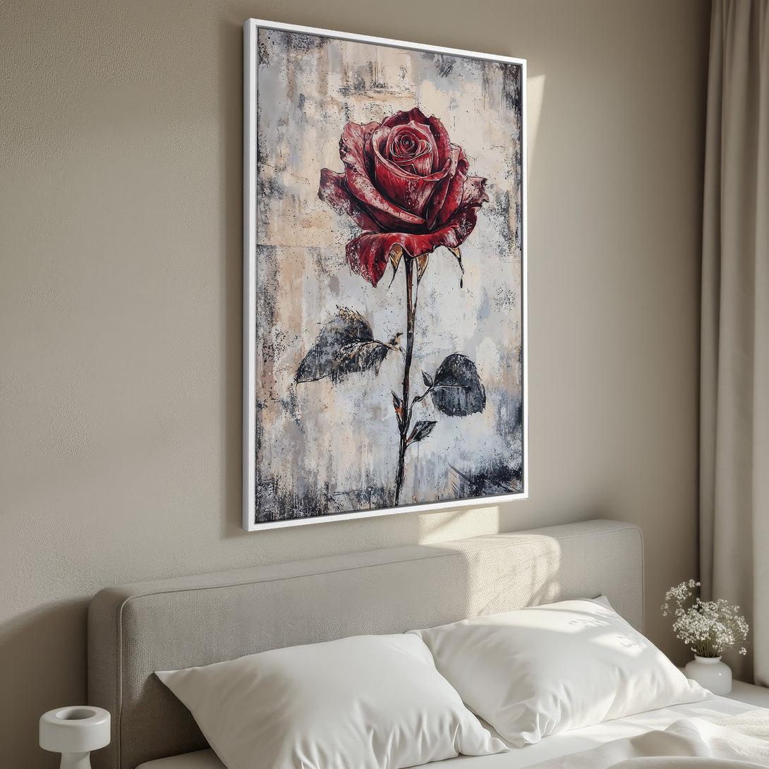 Framed Wall Art: Stunning red rose painting in a neutral palette. Modern abstract floral art for bedroom decor. Elevate your space with this beautiful canvas print.