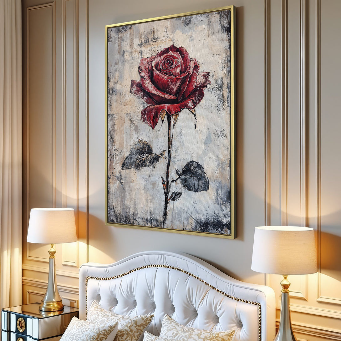Canvas Print of a vibrant red rose in an abstract style. Features a neutral color palette, perfect for modern home decor.