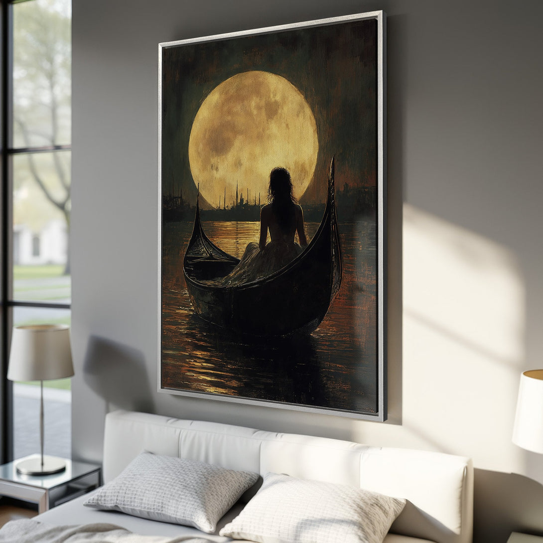 Framed Wall Art: Romantic gondola scene with a woman under a full moon. Earthy tones of gold, brown, and black create a serene and elegant atmosphere. Perfect bedroom decor.
