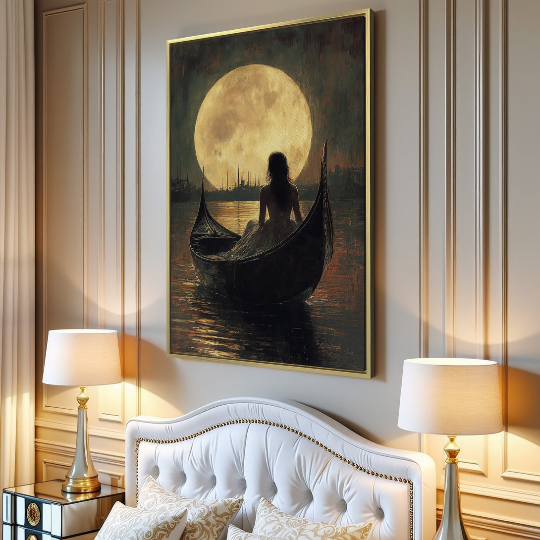 Canvas Print of a woman in a gondola under a moonlit sky. Romantic art with a warm, moody color palette. Perfect wall decor!