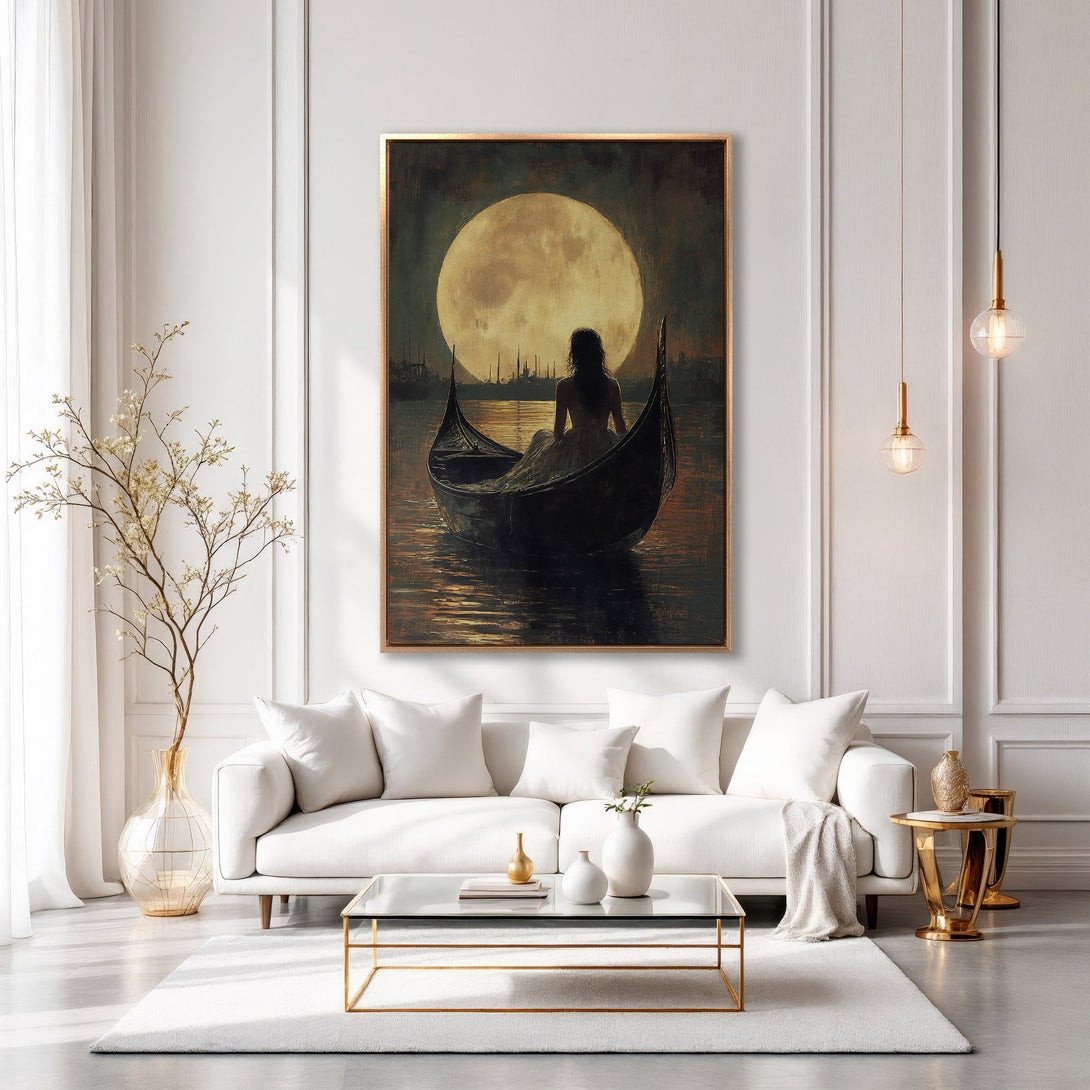 Framed Wall Art: Romantic gondola scene with a woman under a full moon. Warm, moody color palette. Perfect for adding elegance to any space.