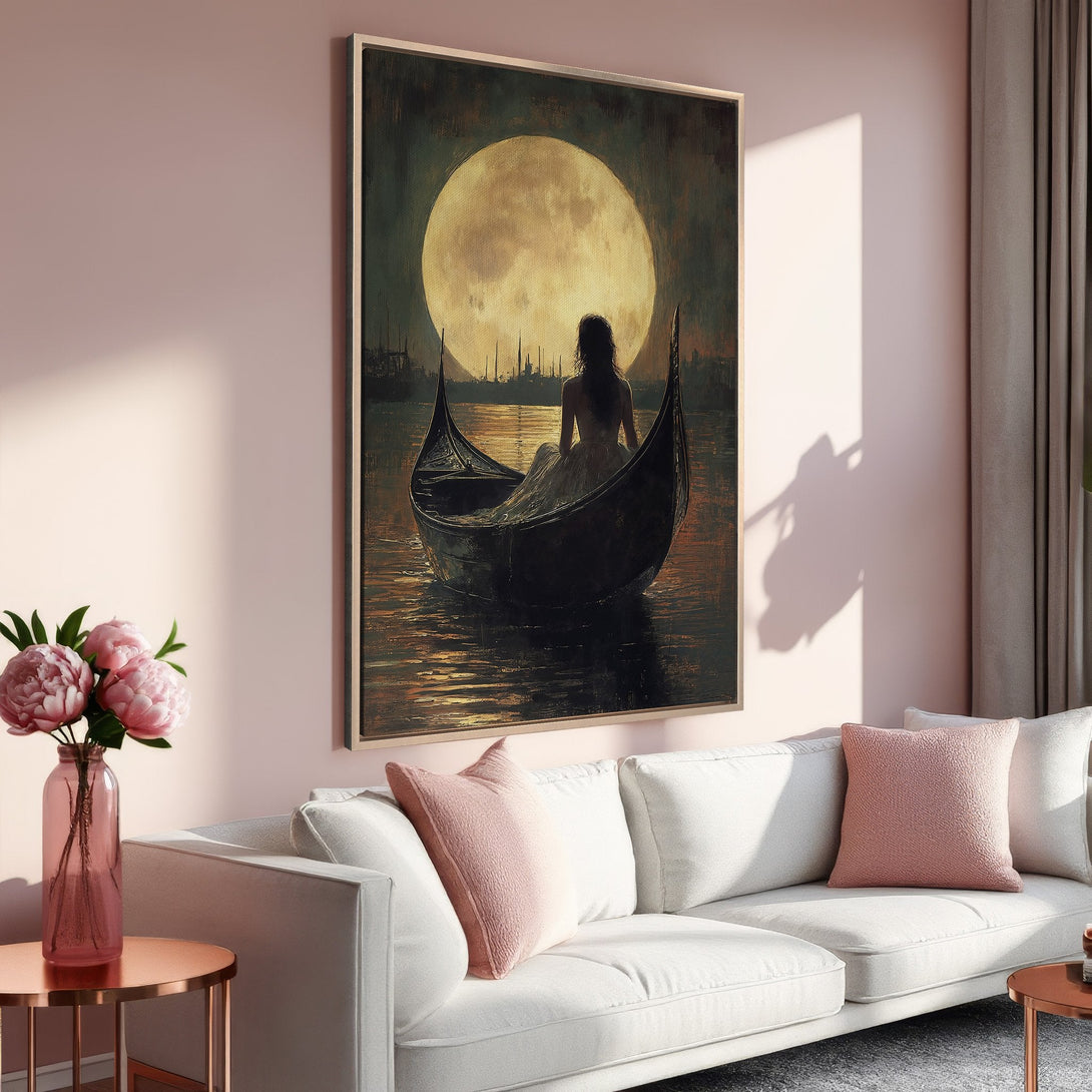 Framed Wall Art: Romantic painting of woman in gondola under moon. Moody, vintage style with a warm, muted color palette. Perfect for home decor.