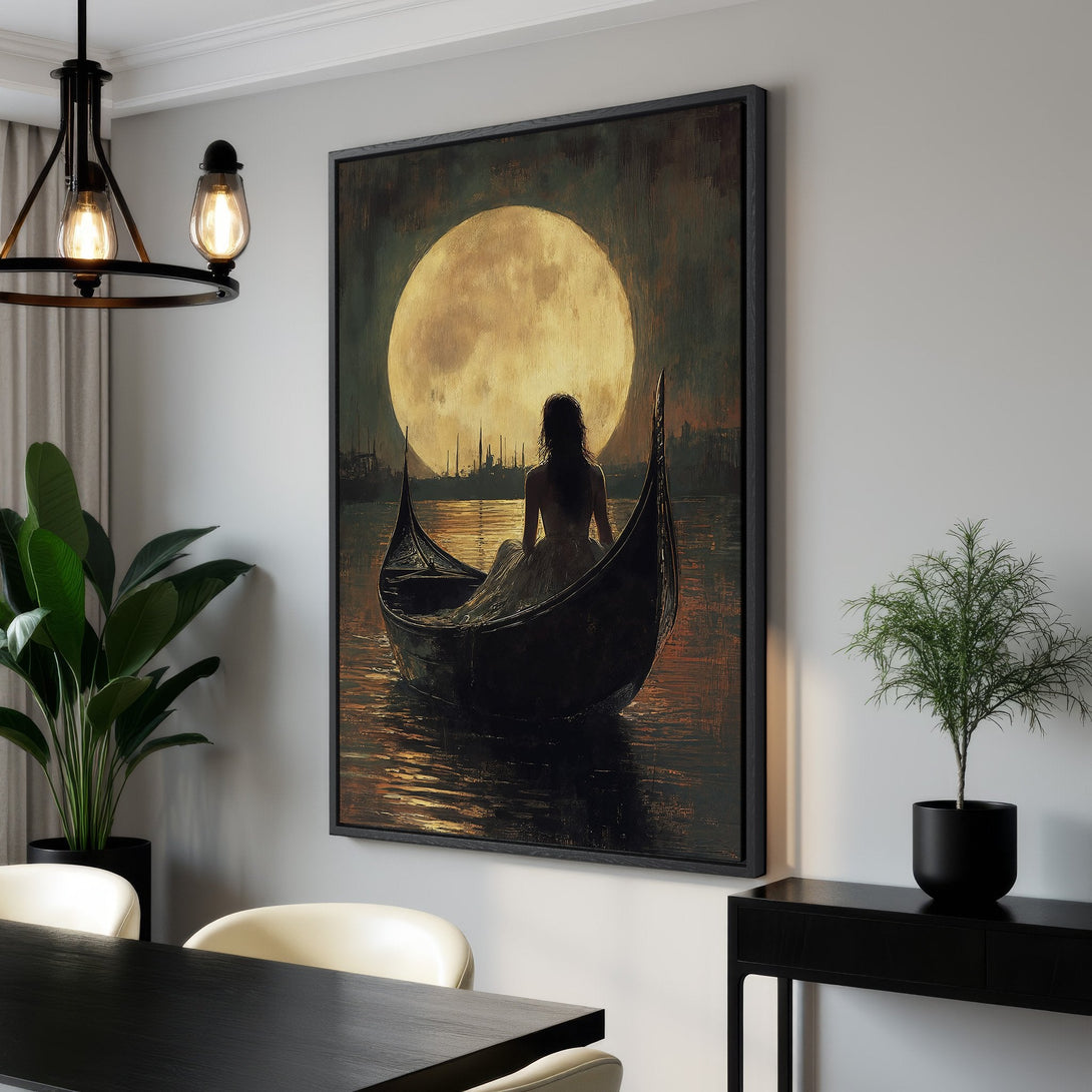 Framed Wall Art: Romantic scene of a woman in a gondola under a moon. Warm, moody color palette. Perfect for adding elegance to your home.