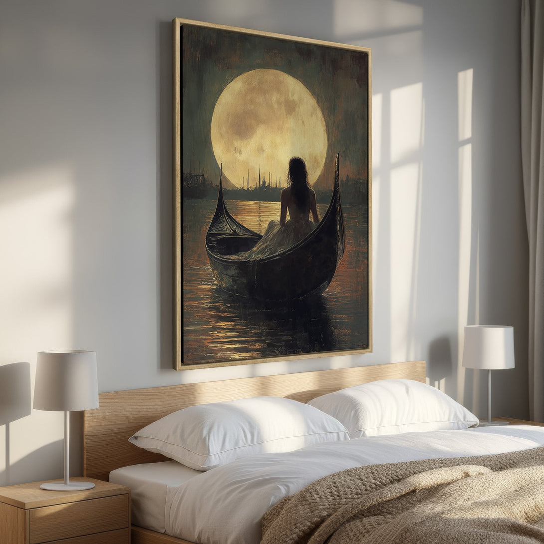 Framed Wall Art: Romantic painting of woman in gondola under moon. Dramatic, moody art in warm, earthy tones. Perfect for bedroom decor.