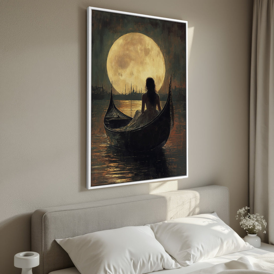 Framed Wall Art: Romantic gondola scene with a woman under a full moon. Dark, moody painting with warm gold and brown tones. Perfect for bedroom decor.