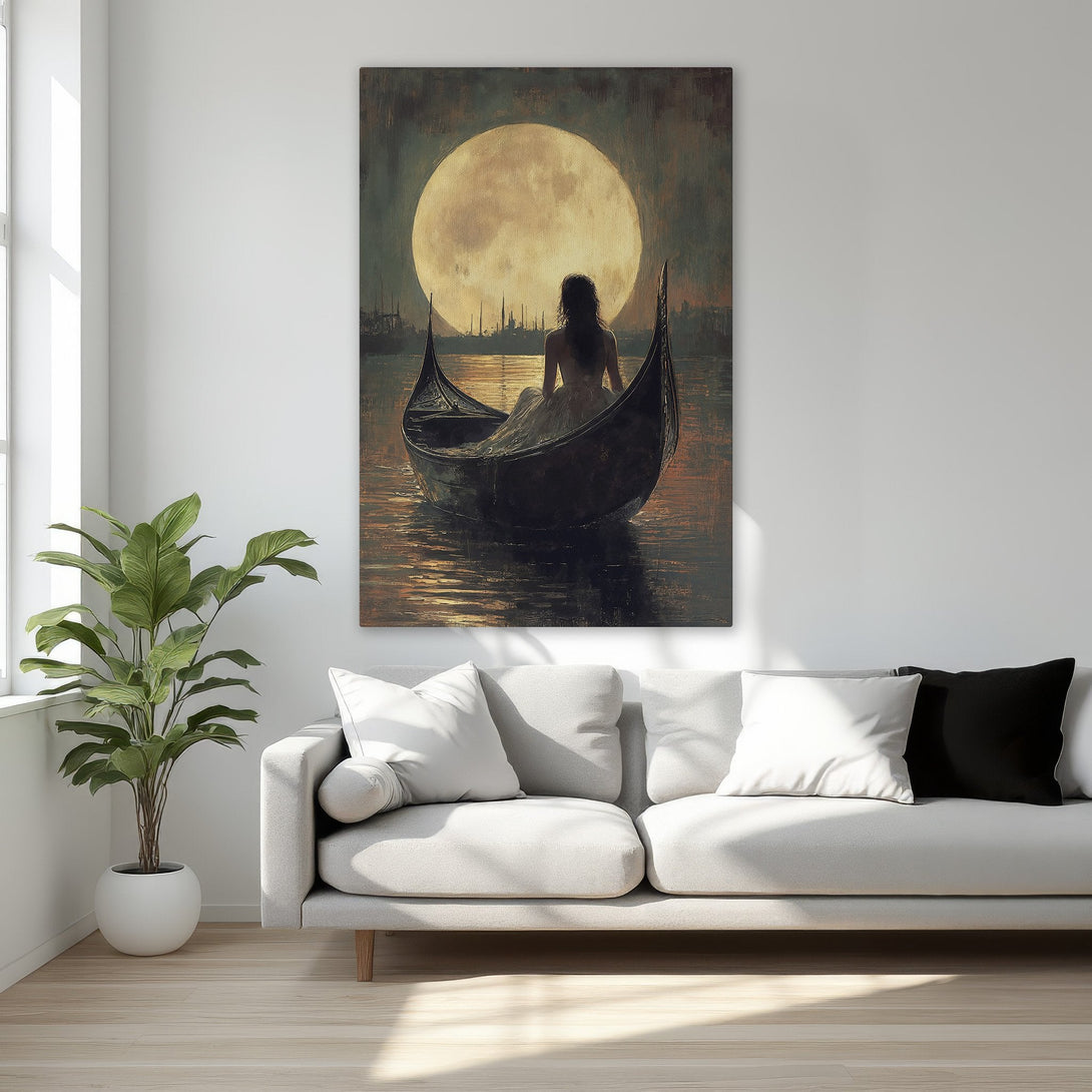 Framed Wall Art: Romantic scene of woman in gondola under a moon, warm color palette. Perfect for bedroom decor. Add a touch of elegance to your space!