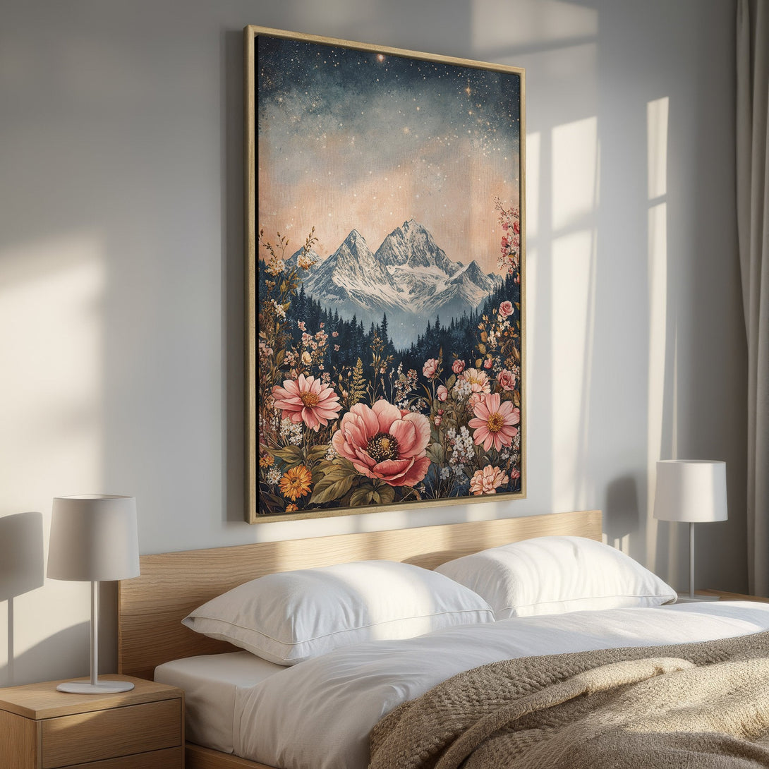 Framed Wall Art: Mountain scene with flowers. Watercolor style, dreamy blue, pink, and green palette. Perfect bedroom decor!