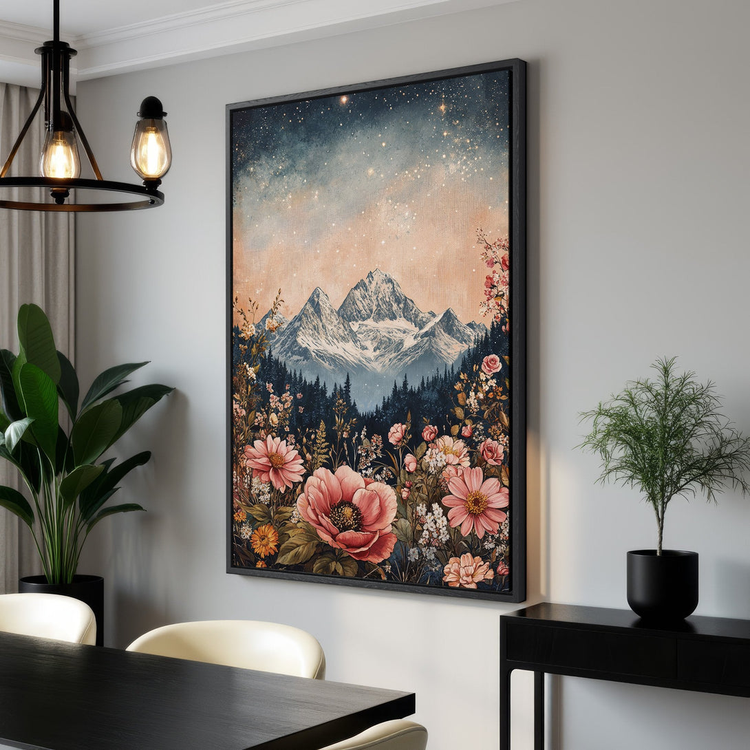 Framed Wall Art featuring a mountain landscape with floral elements. Watercolor style with a warm, earthy color palette. Perfect for adding a touch of nature to your home.