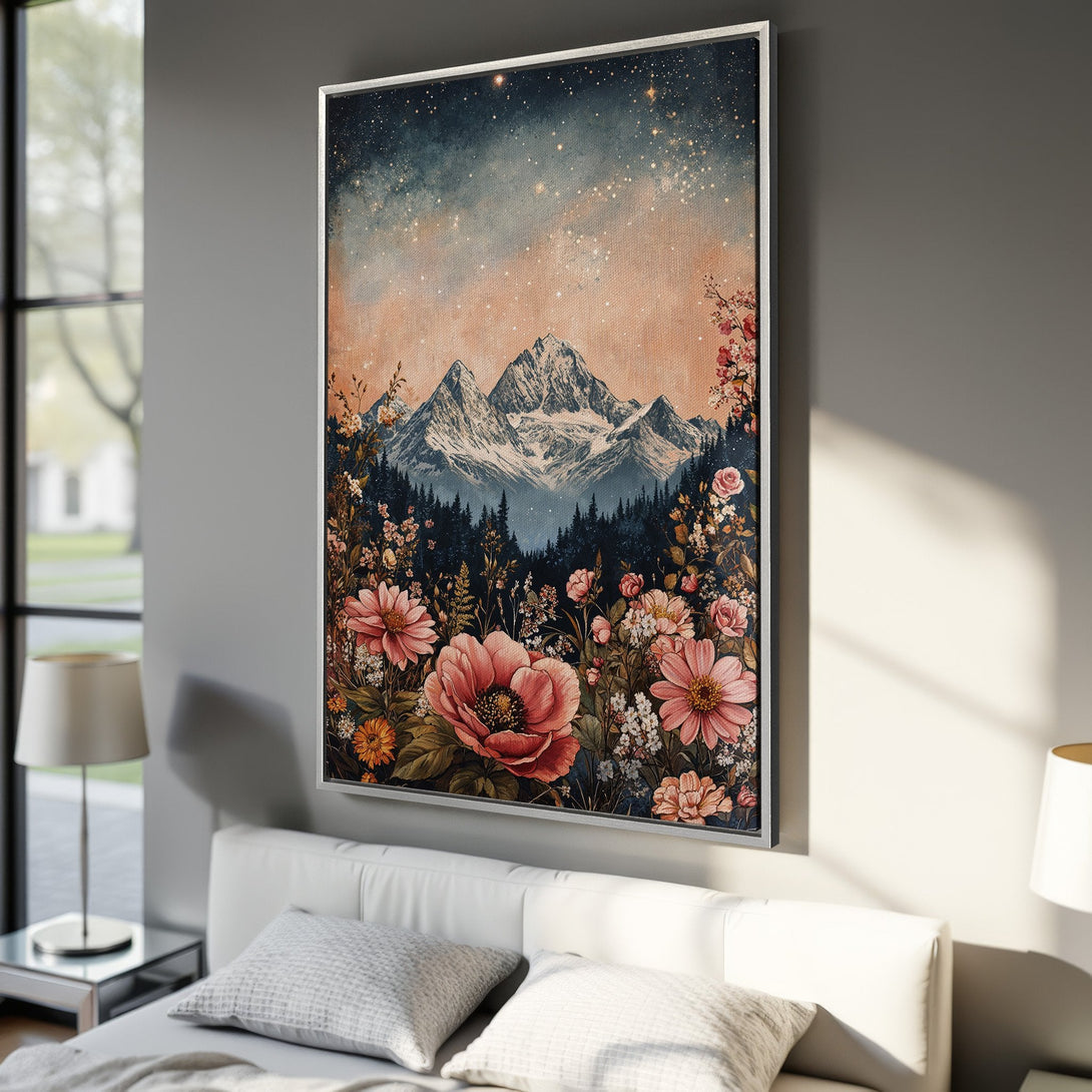 Framed Wall Art: Mountain landscape Canvas Print with floral accents. Features a dreamy, watercolor style with a warm, earthy color palette. Perfect for bedroom decor.