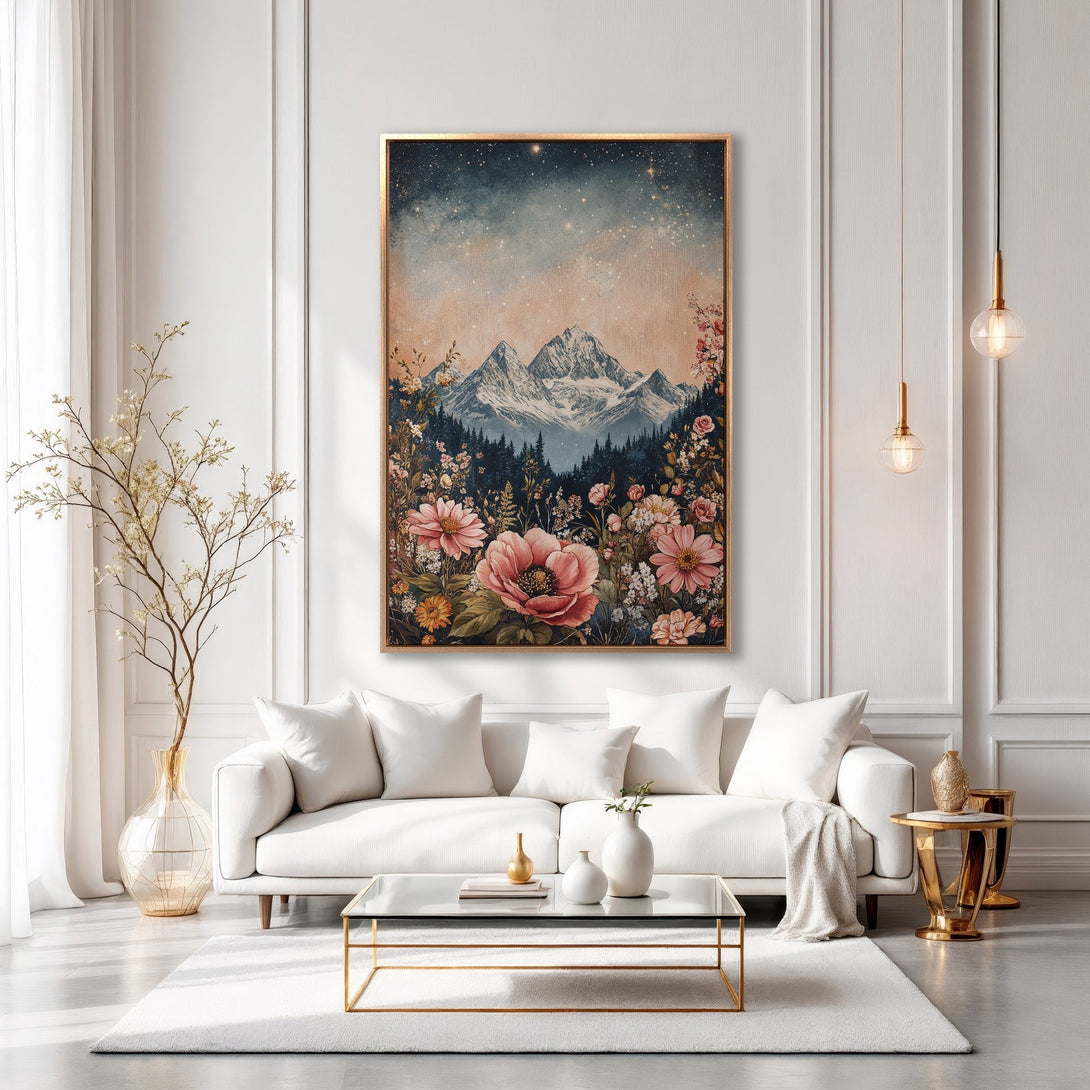 Framed Wall Art featuring a mountain landscape with floral accents. Earthy tones and a touch of starry night sky create a serene, artistic canvas print.
