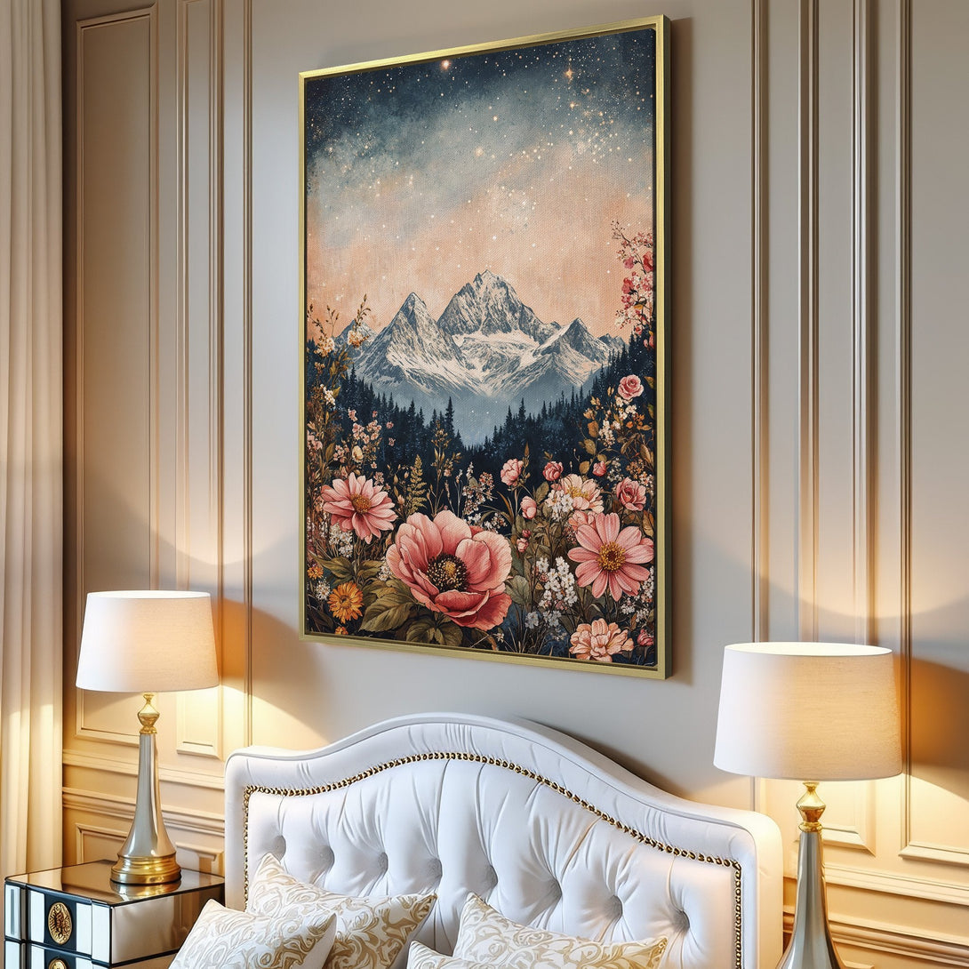 Canvas Print of a mountain landscape with flowers, featuring a dreamy watercolor style and a warm, inviting color palette. Perfect wall art!