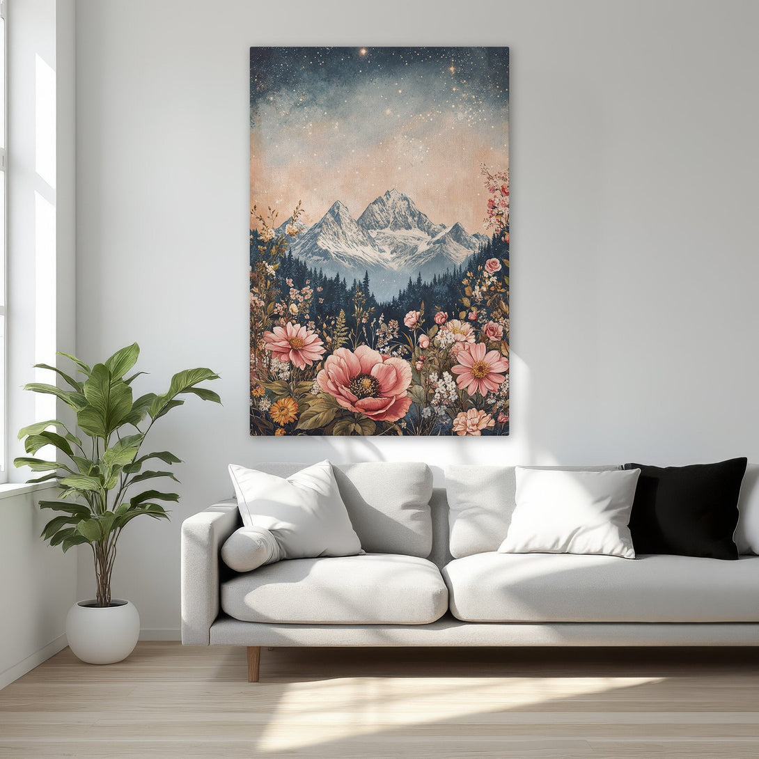 Framed Wall Art Canvas Print: Mountain & floral landscape in a warm, romantic style. Earthy tones with pops of pink and blue, perfect bedroom decor.