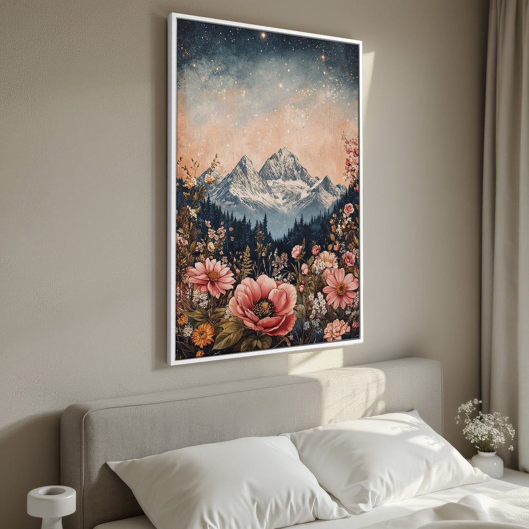 Framed Wall Art: Floral mountain landscape Canvas Print in watercolor style, featuring pink and orange blooms, with a soft, dreamy color palette.