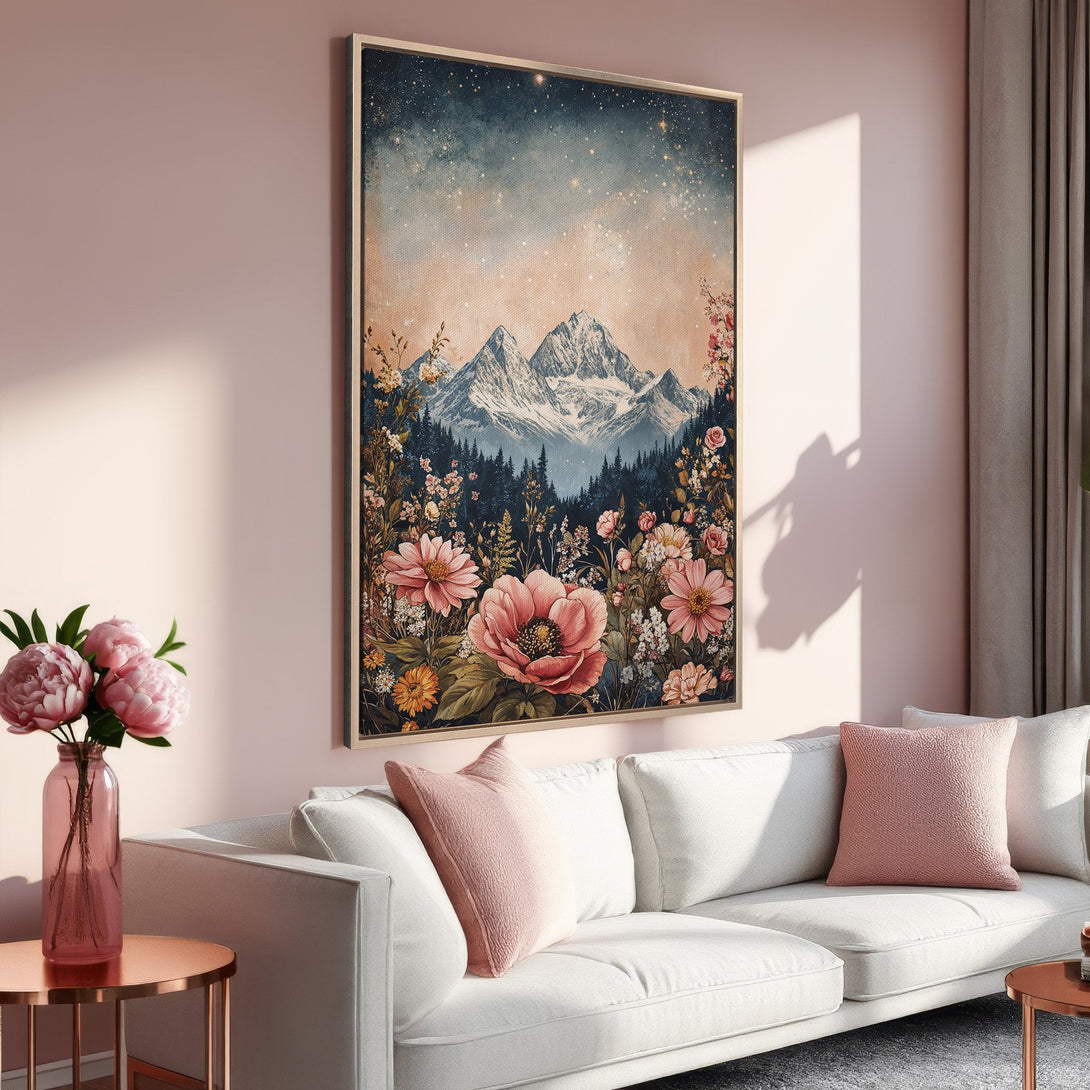 Framed Wall Art featuring a mountain landscape with flowers, in a vintage style, with a soft pink and blue color palette. Perfect for living room decor.