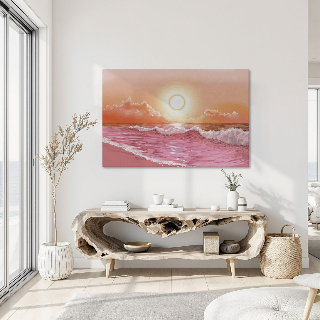 Framed Wall Art: Pink ocean sunset canvas print in a modern interior. Warm orange and pink color palette, perfect for coastal decor.