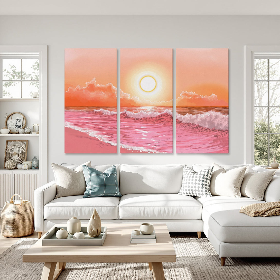 Canvas Print of a pink beach sunset, modern art style, warm orange and pink color palette, displayed in a living room.