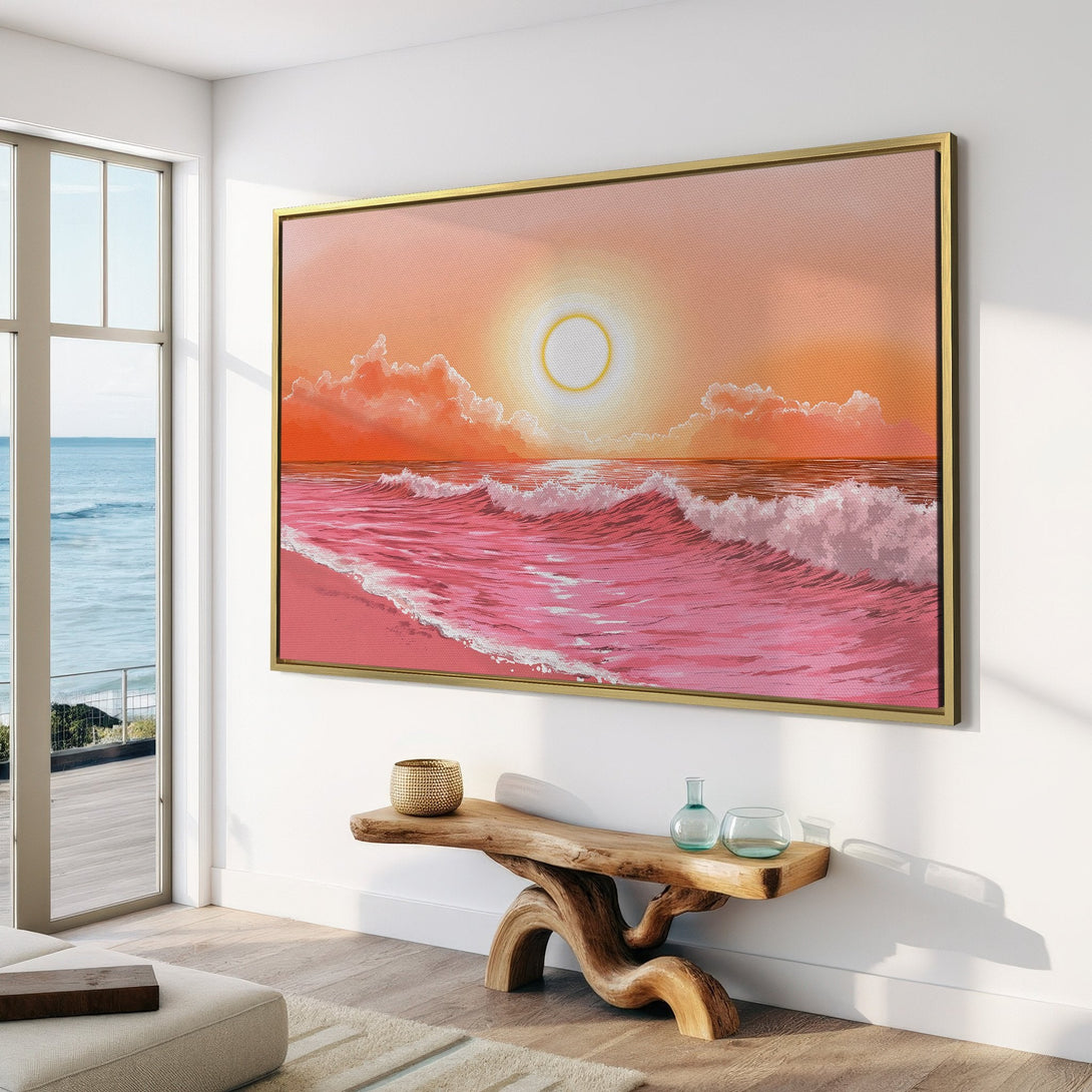 Canvas Print of a dreamy pink ocean sunset. Coastal art with a warm, inviting color palette. Perfect for adding a touch of serenity to any space.