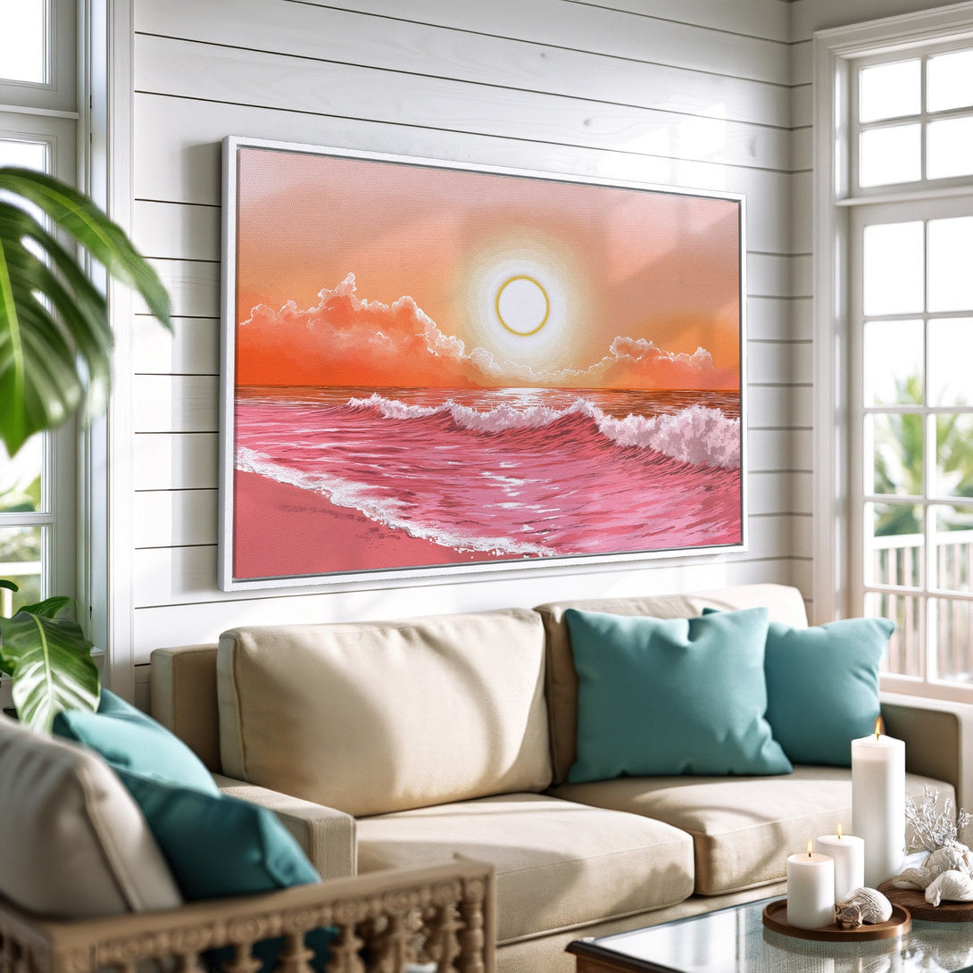 Framed Wall Art: Coastal sunset canvas print in warm coral and pink tones. Abstract ocean scene adds a touch of serenity to any living room.