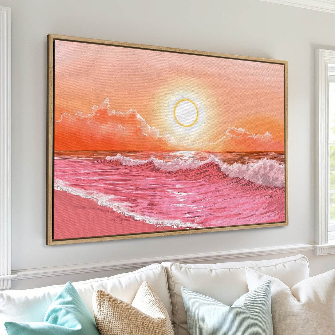 Framed Wall Art: Sunset beach scene in pink and orange hues. Coastal canvas print perfect for living room decor.