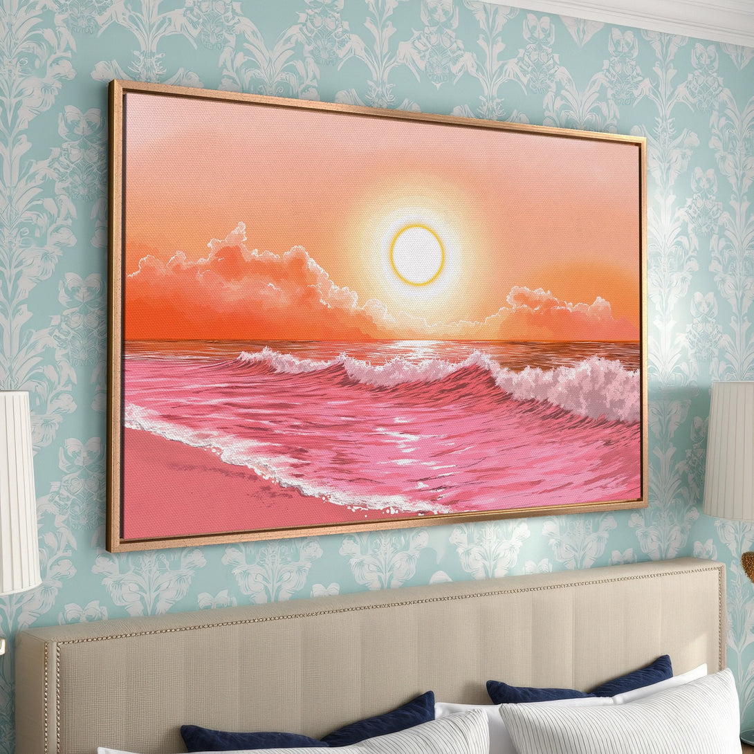 Framed Wall Art: Pink beach sunset canvas print. Coastal art with warm orange, pink, and white color palette. Perfect for bedroom decor.