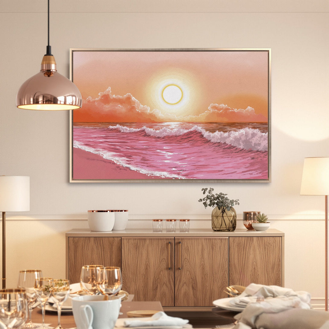 Framed Wall Art: Pink sunset beach scene in warm tones. Coastal artwork perfect for adding a touch of serenity and style to your home decor.