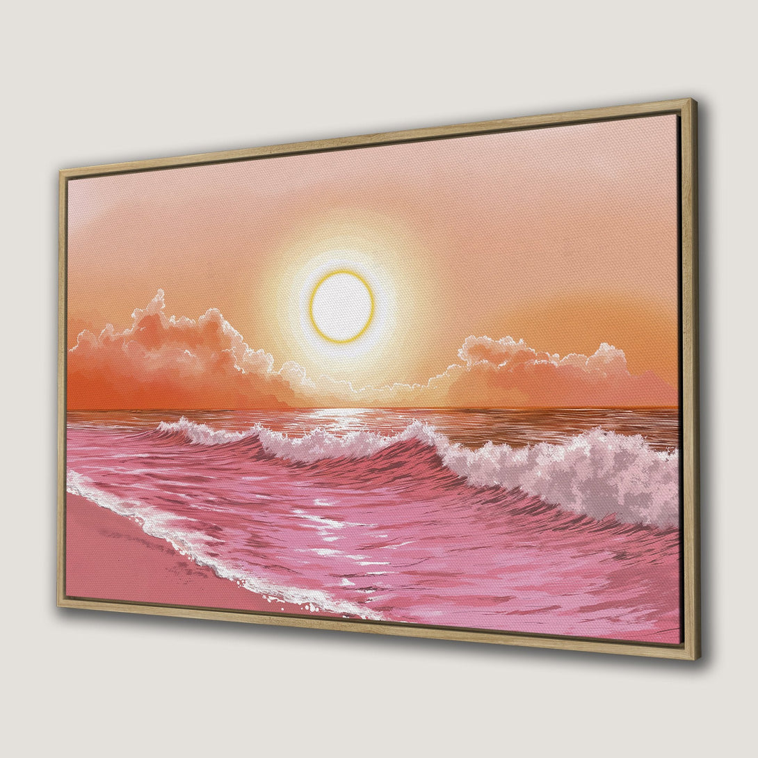 Canvas Print of a sunset beach scene in warm pink and orange hues. Coastal wall art for a calming aesthetic.