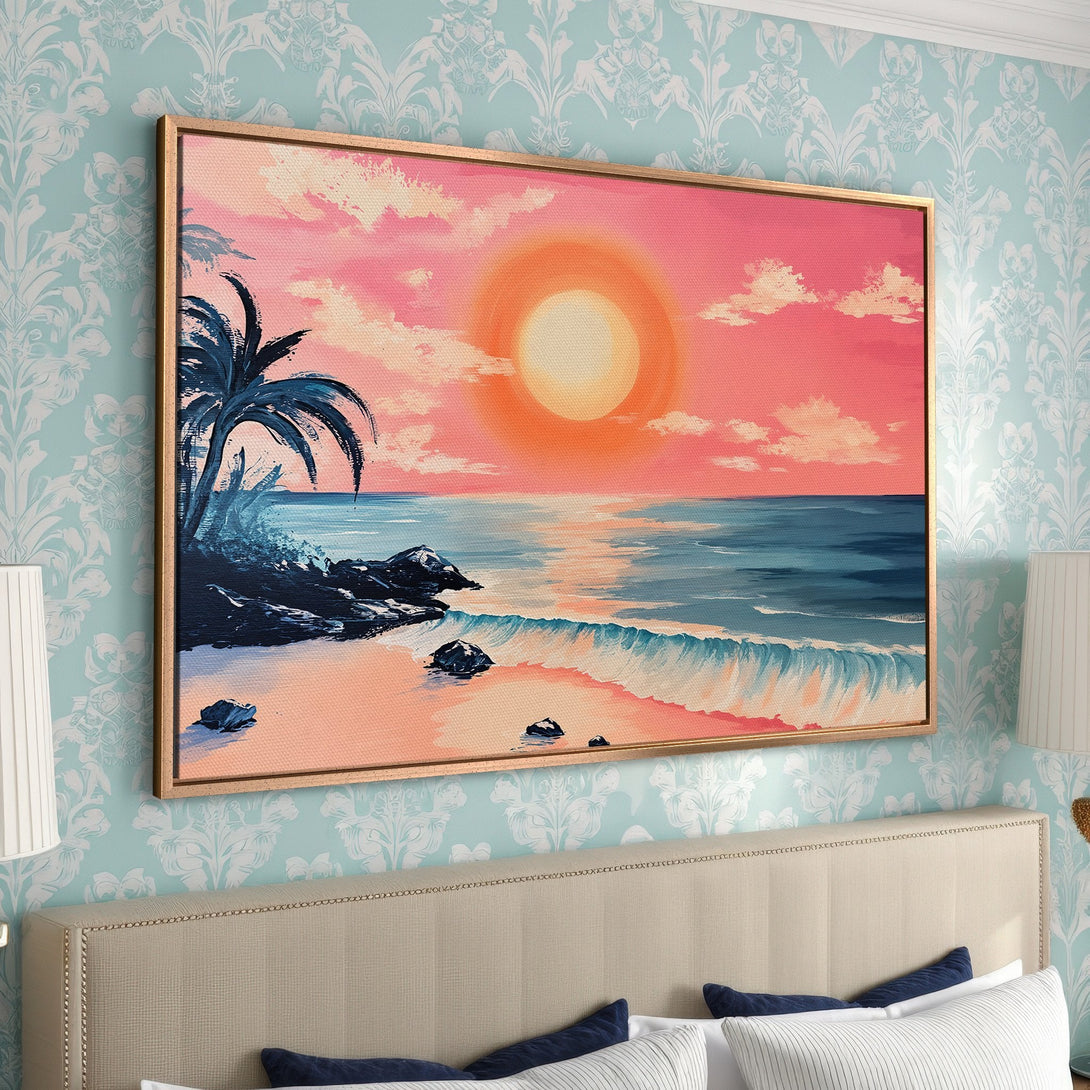 Framed Wall Art: Tropical beach sunset canvas print. Vibrant pink, orange, and blue palette. Coastal art for a relaxing bedroom or living room.