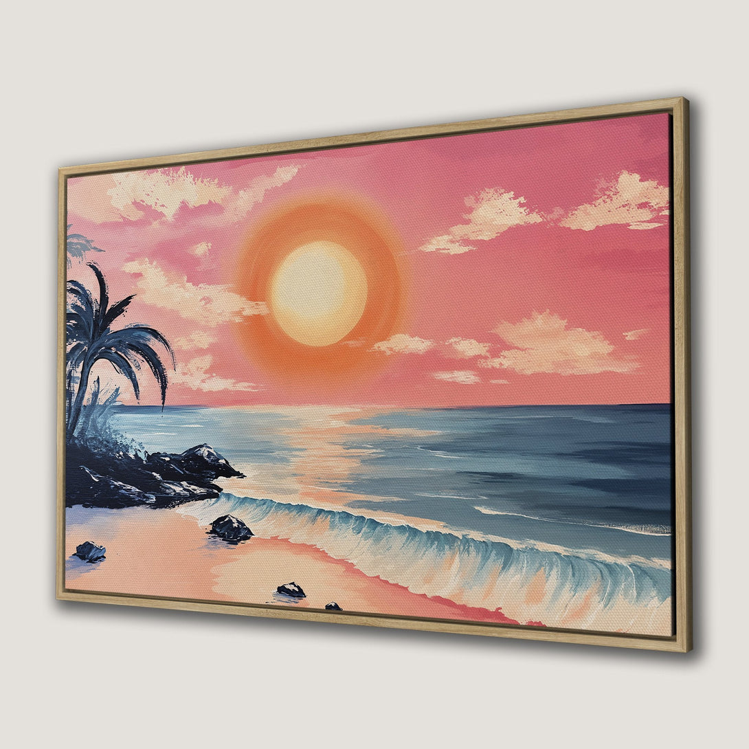 Canvas Print of a tropical beach sunset painting. Features pink and blue hues, perfect for coastal decor. Add a touch of paradise to your space!