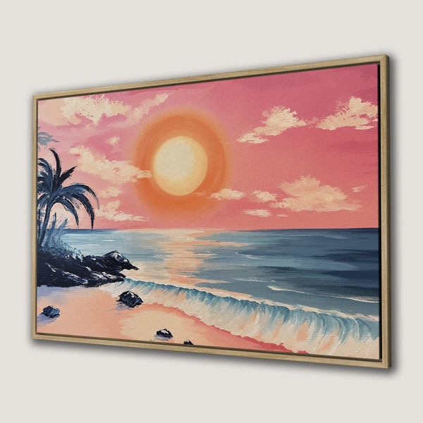 Canvas Print of a tropical beach sunset painting. Features pink and blue hues, perfect for coastal decor. Add a touch of paradise to your space!