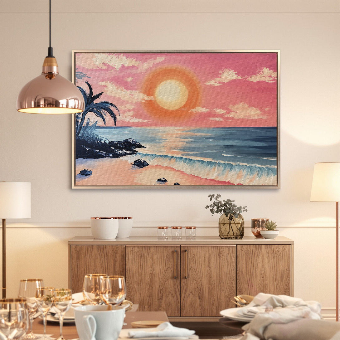 Framed Wall Art Canvas Print: Tropical sunset beach scene in pink and blue hues. Coastal art for a serene home decor.
