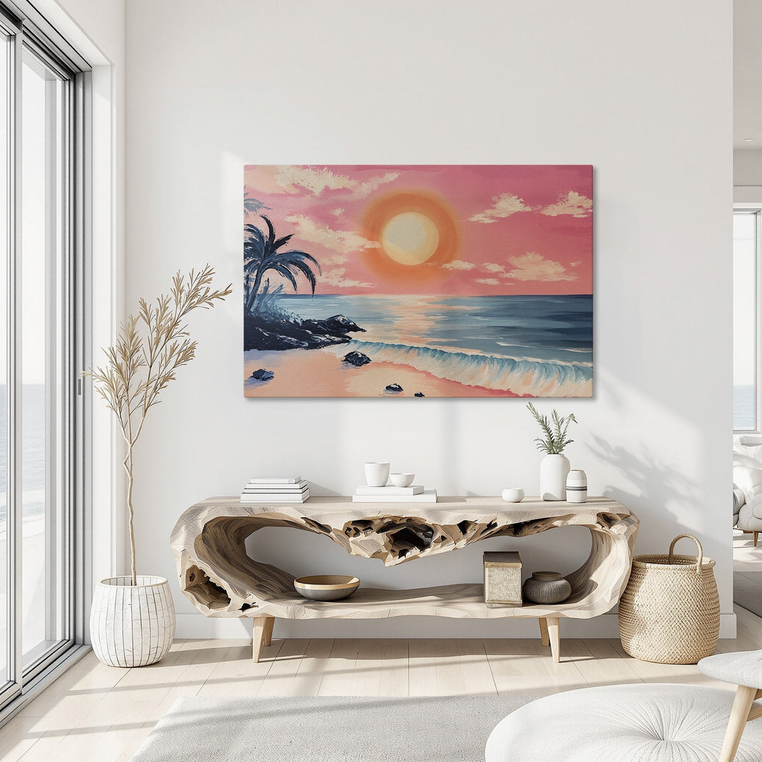 Framed Wall Art: Coastal sunset Canvas Print with vibrant pink and blue hues. Perfect for adding a touch of paradise to your home decor.