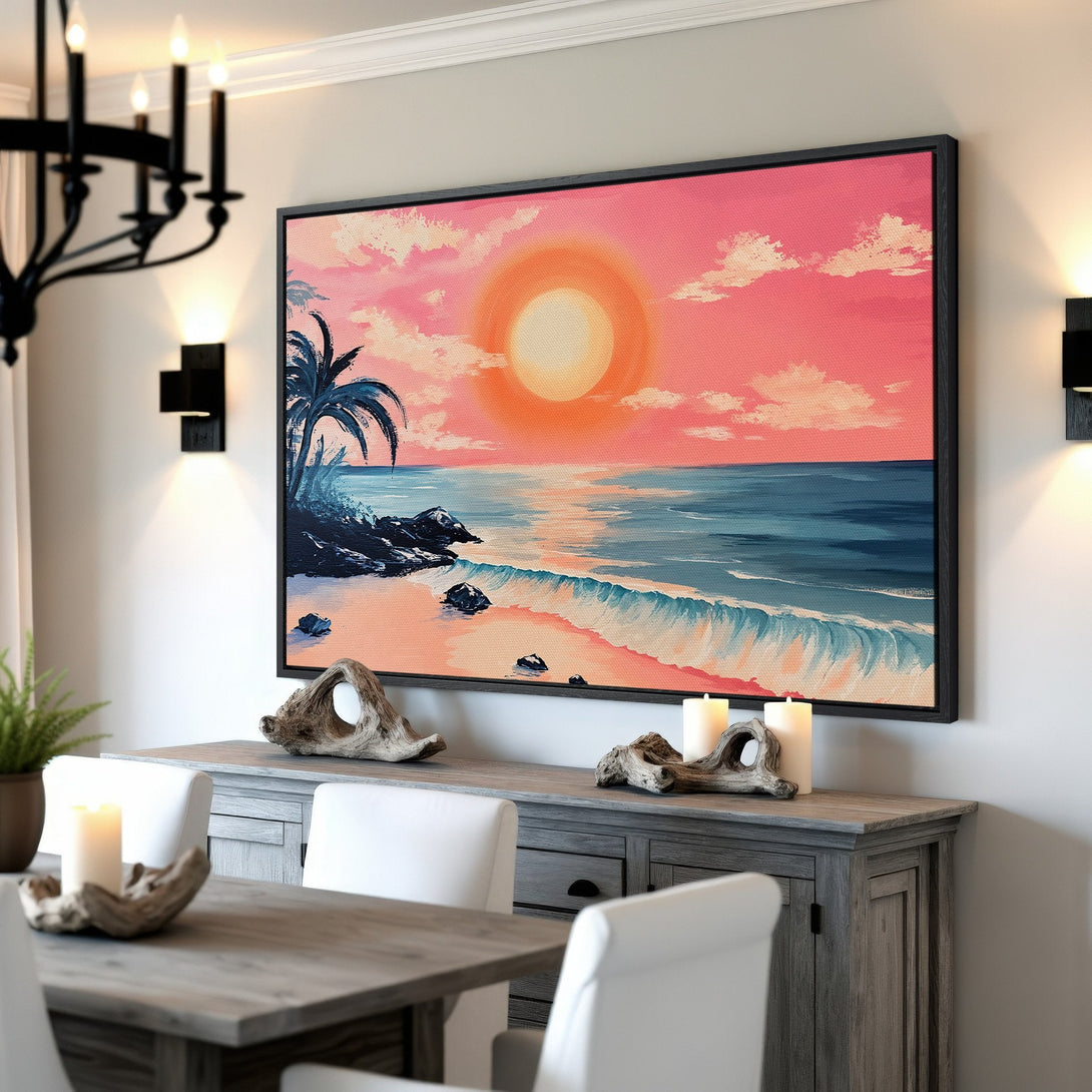 Framed Wall Art: Tropical beach sunset canvas print in pink and blue. Coastal art perfect for your dining room decor.