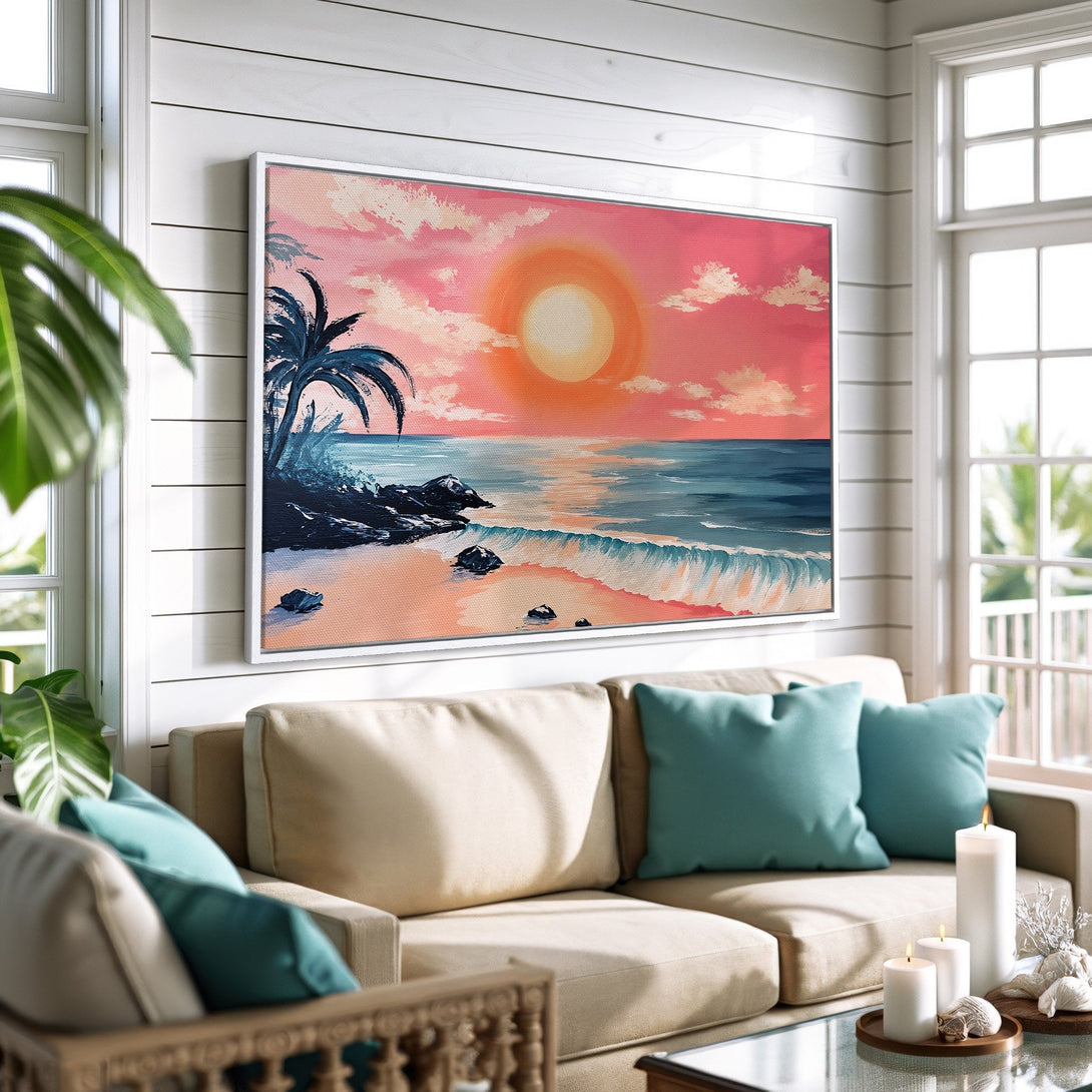 Framed Wall Art: Sunset beach scene with pink and blue hues. Coastal style Canvas Print adds a touch of serenity to any space.