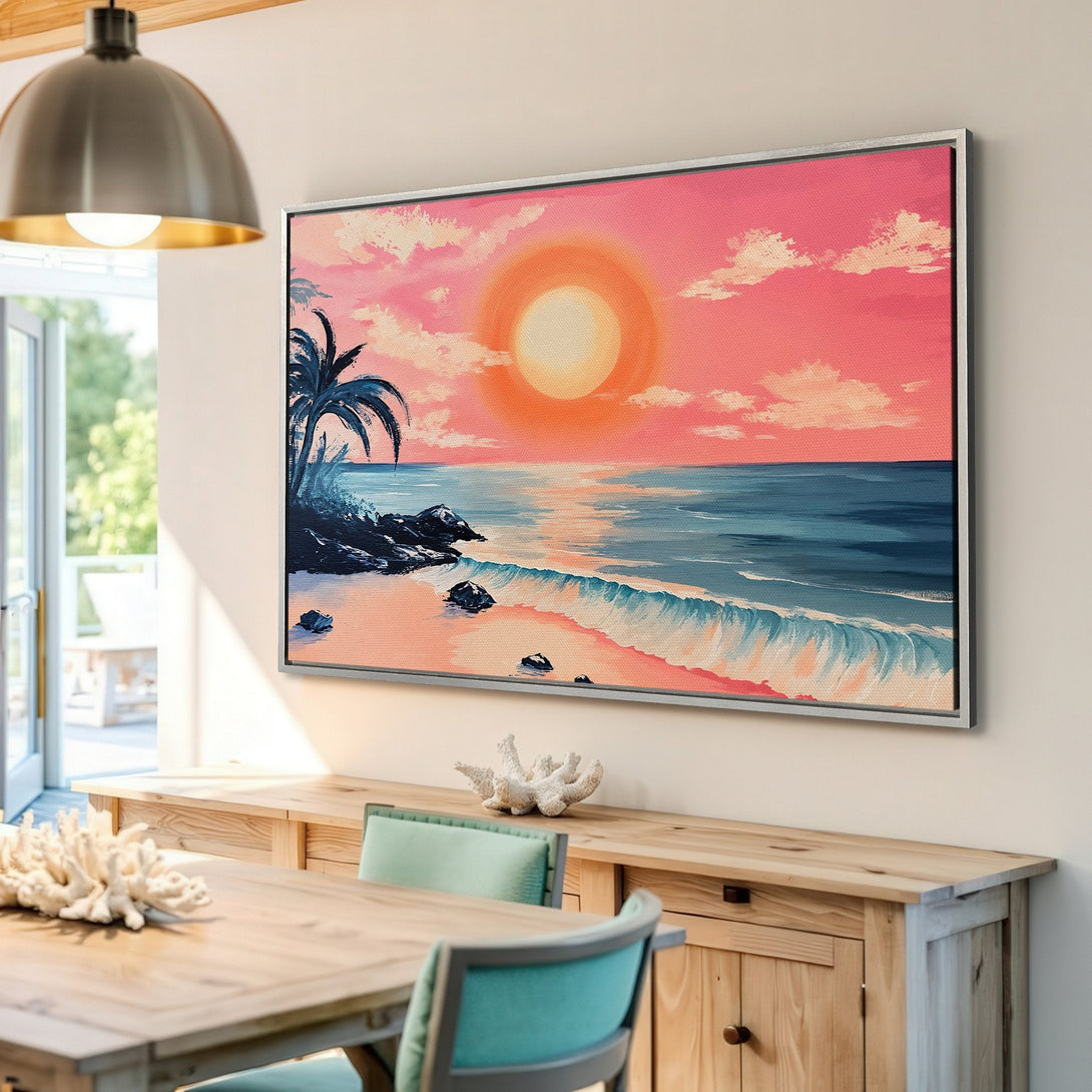 Framed Wall Art: Coastal sunset canvas print in vibrant pinks and blues. Perfect beach decor for your home!