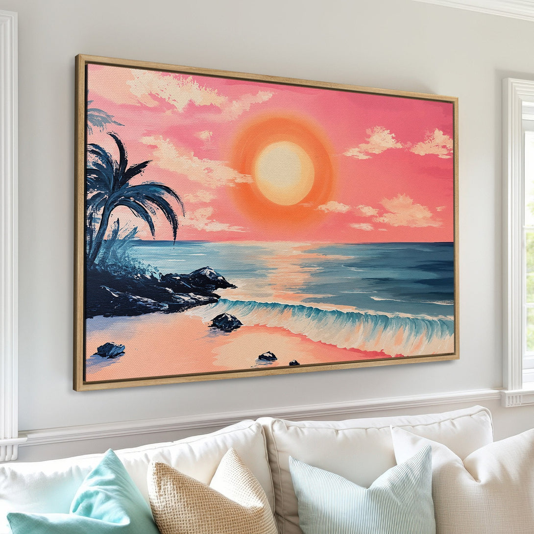 Framed Wall Art featuring a vibrant sunset beach scene with palm trees. Pink, orange, and blue color palette. Perfect coastal decor for your home.
