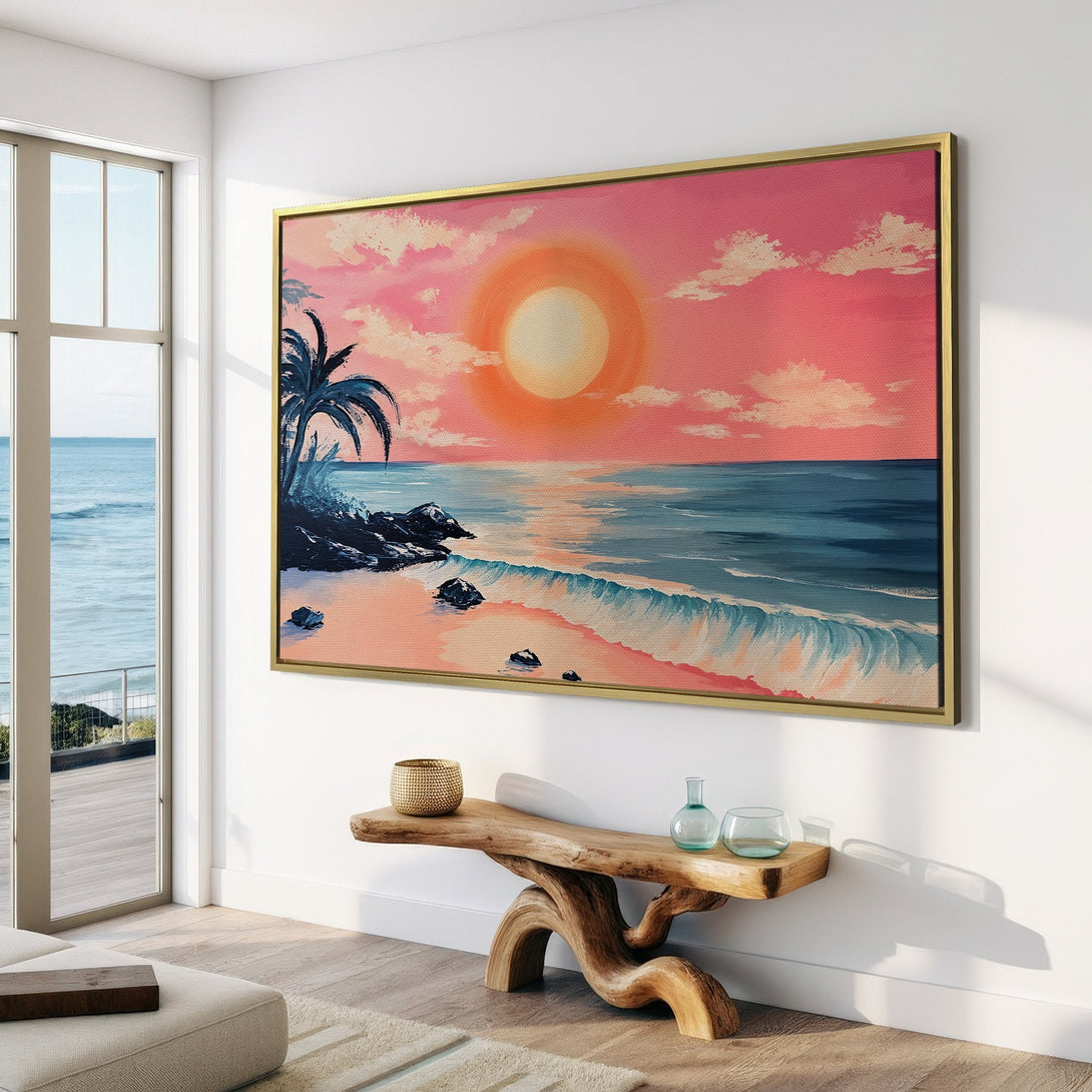 Canvas Print of a beach sunset painting in a modern interior. Features a warm pink and blue color palette, perfect for coastal decor.